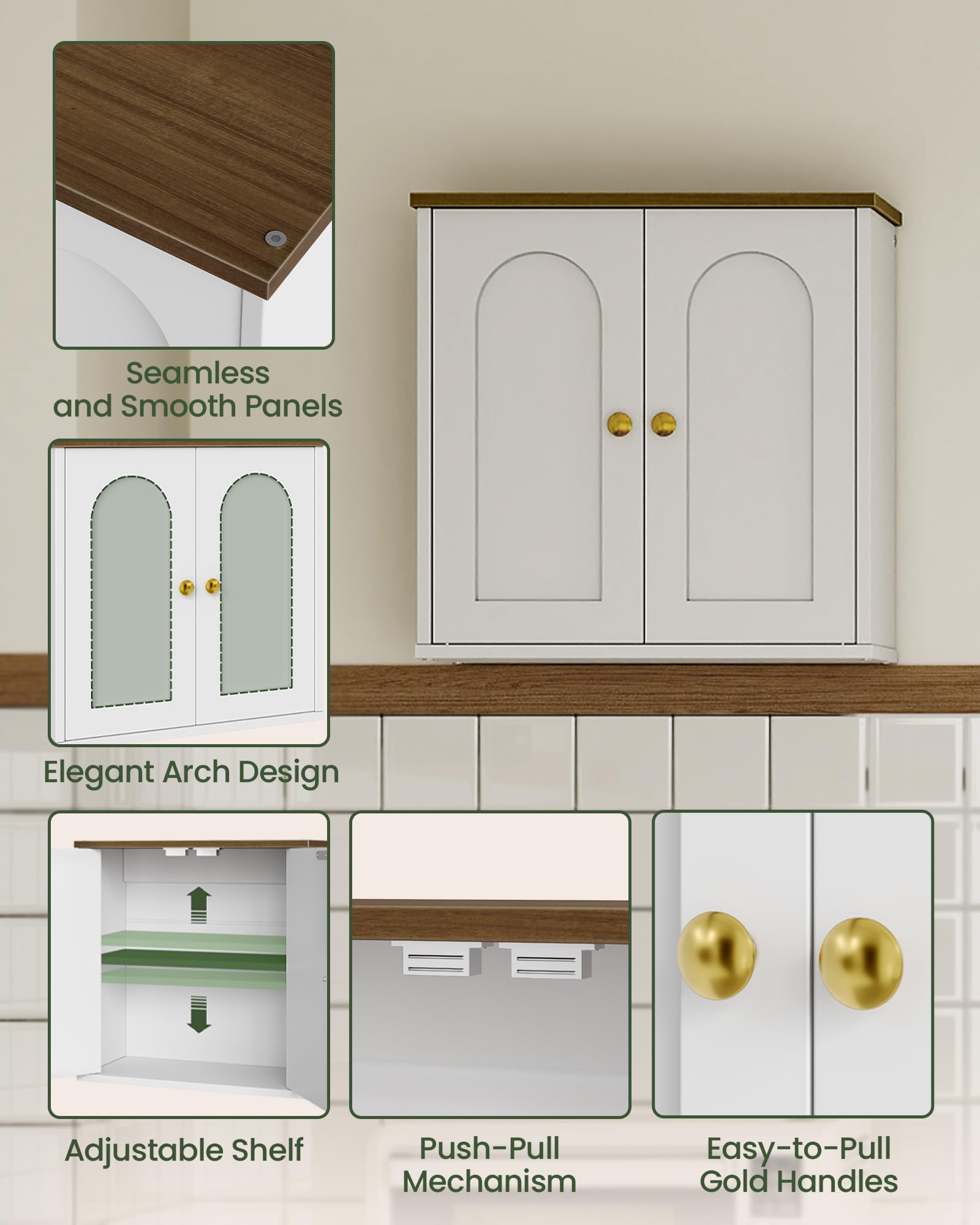 CHOEZON Armario de Baño de 40x18x40 cm, Armario de Baño sobre Pared con Estantes Ajustables, Mueble Colgante Estilo Rústico, para Baño, Cocina, Sala, Dormitorio, Blanco y Nogal