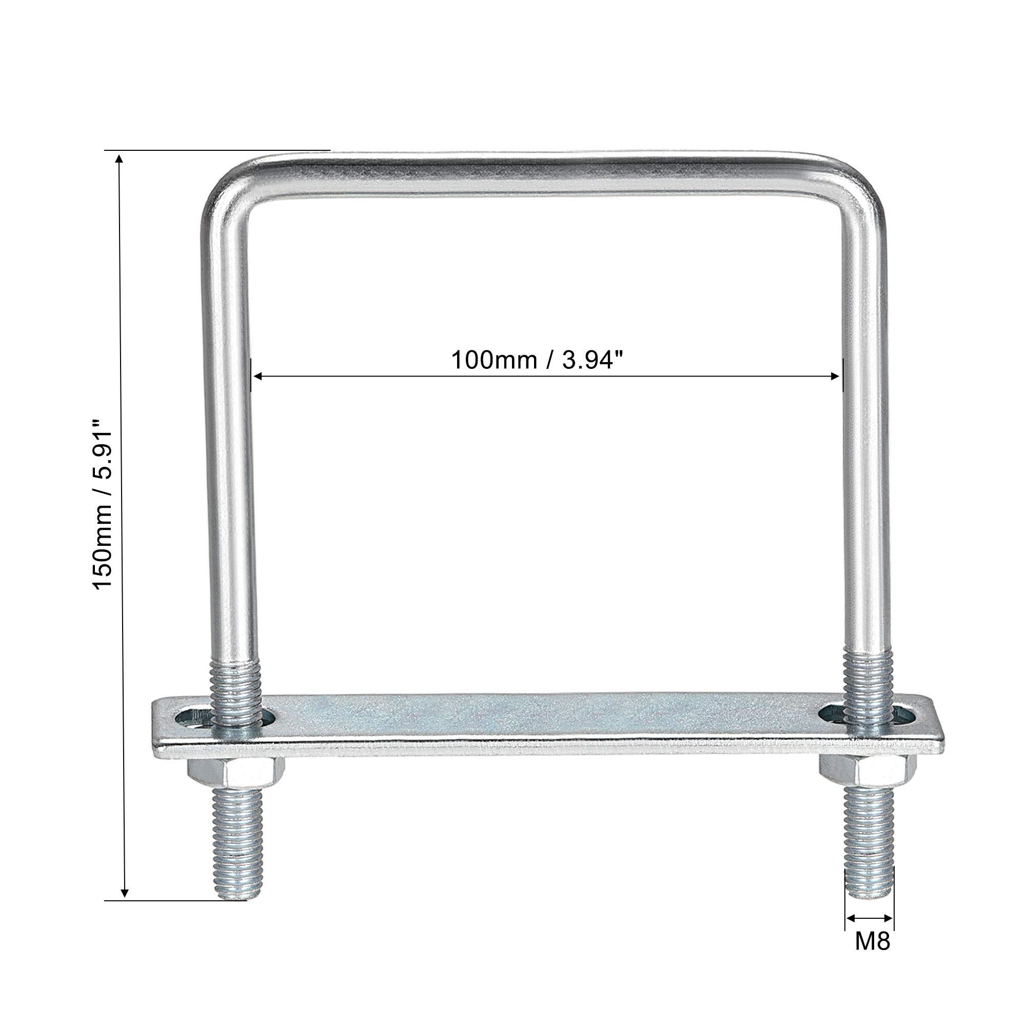 sourcing map Cuadrados U Pernos 3-1/2" (100 mm) Interior Ancho 150mm Longitud Carbono Acero M8 con Tuercas, Marco Placa, Redondas Arandelas