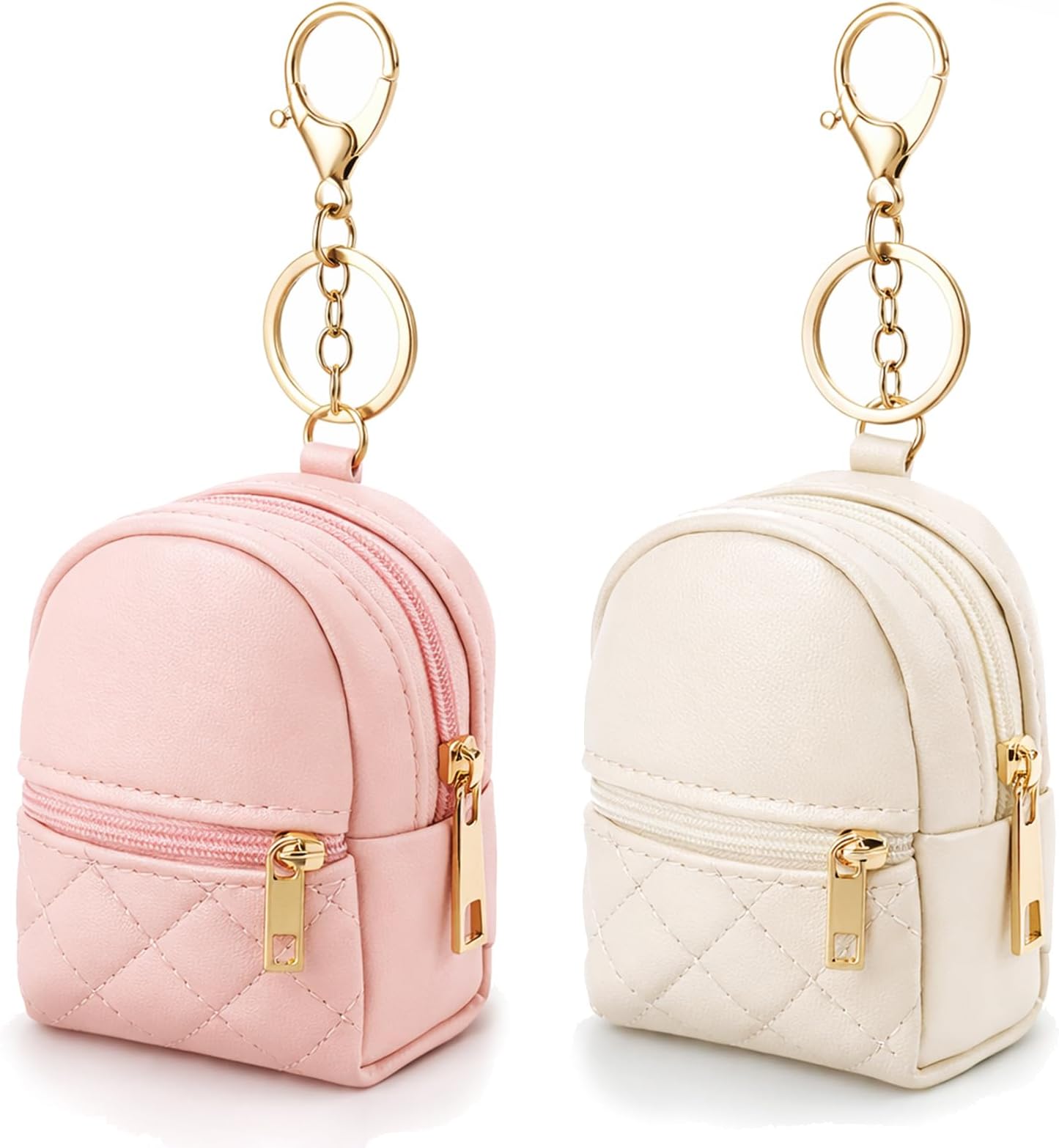 2 Pcs Mini Keychain Backpack, Cute Cosmetic Bag for Women Creative Pendant Keychain Keyrings PU Leather Makeup Bag Key Pocket Lipstick Bag Card Holder Zipper Pouch(Pink+Beige)