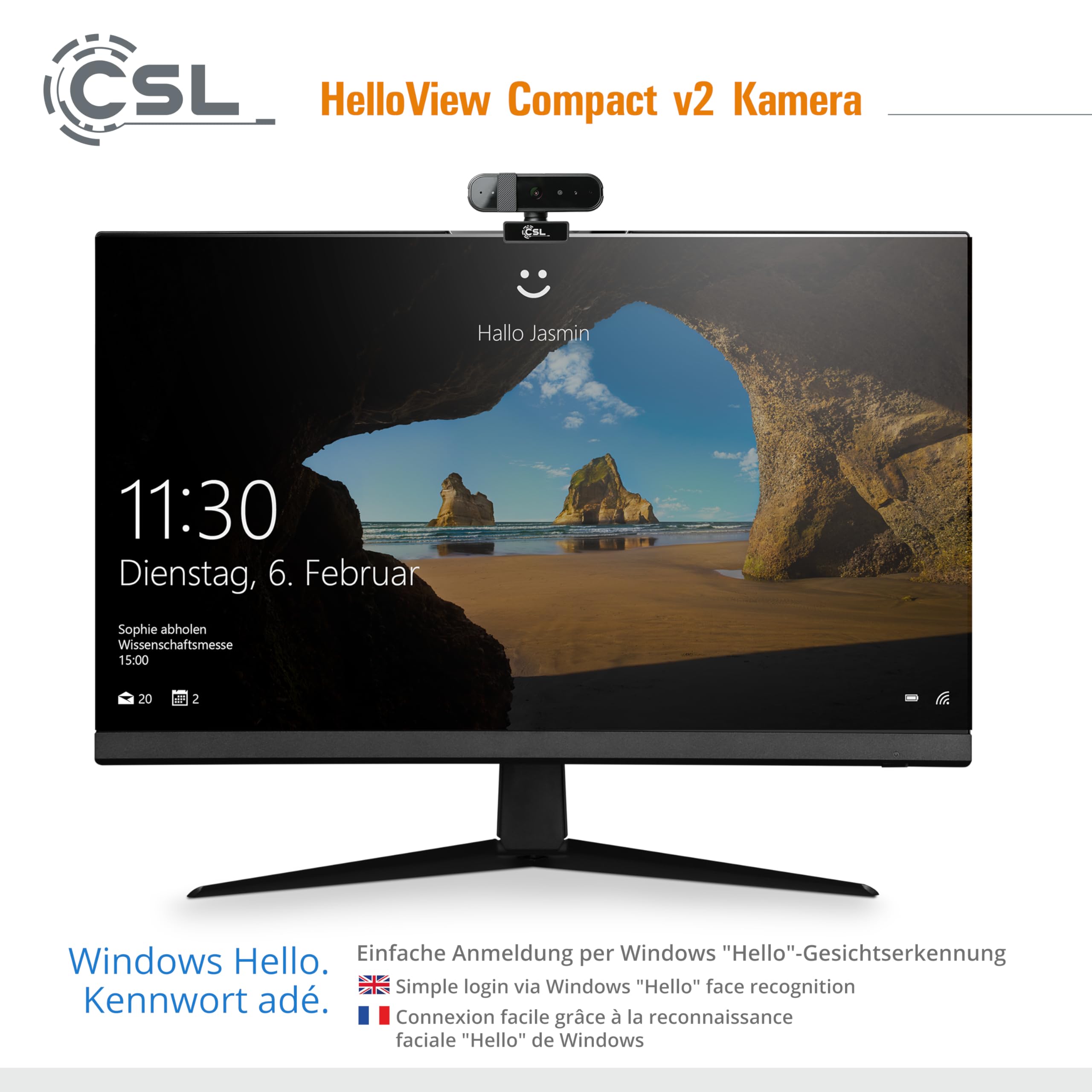 Caméra Windows Hello - Webcam CSL HelloView v2 Compact RVB, caméra de profondeur infrarouge, 2560 x 1440@30Hz, microphone intégré, chat vidéo, WQHD, 1440p, reconnaissance faciale, Windows 11 Hello