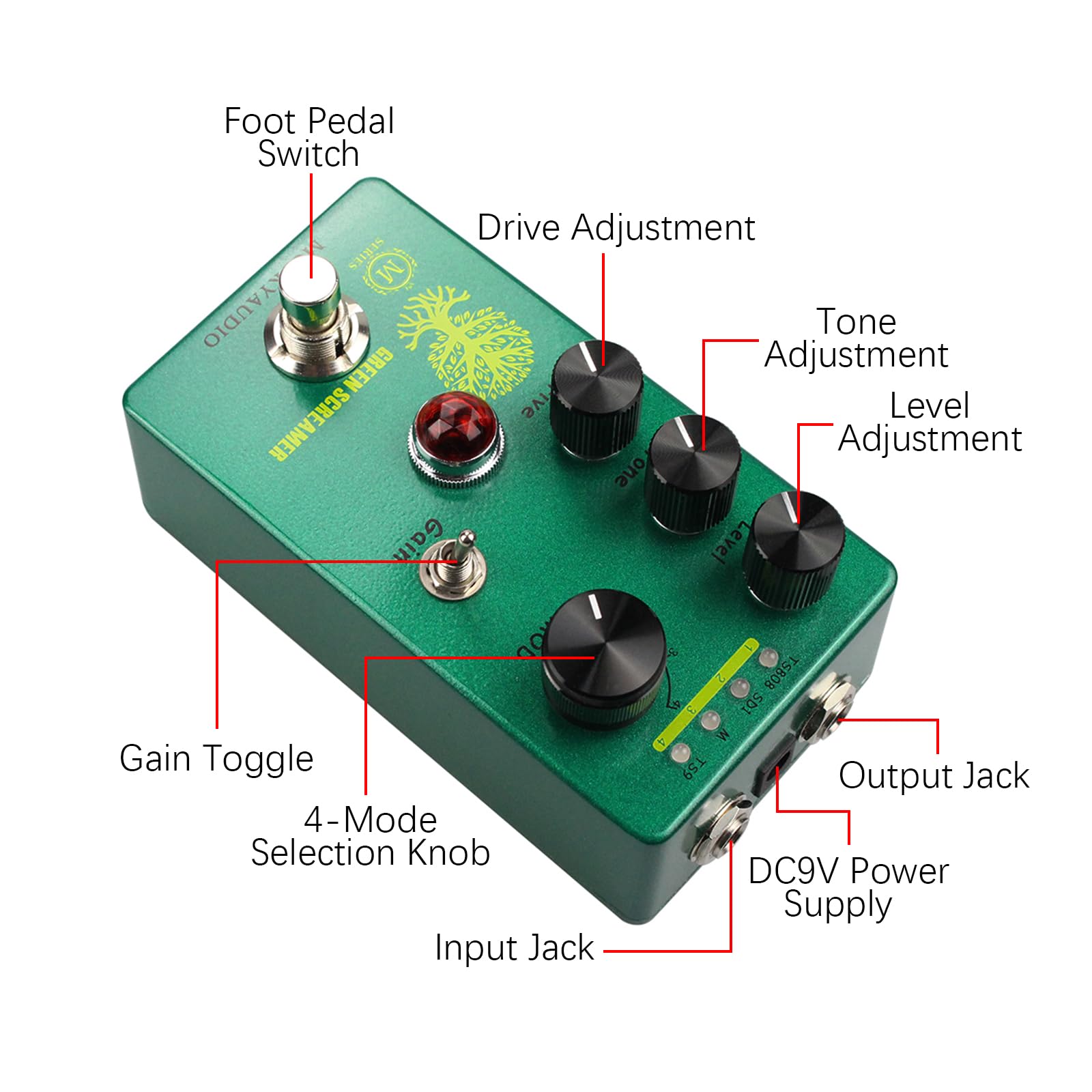 Btuty Booster/Overdrive pedał efektów gitarowych Przełącznik 4 tryby i sterowanie poziomem/tonem/napędem Kompaktowy przenośny cyfrowy procesor efektów do gitary elektrycznej
