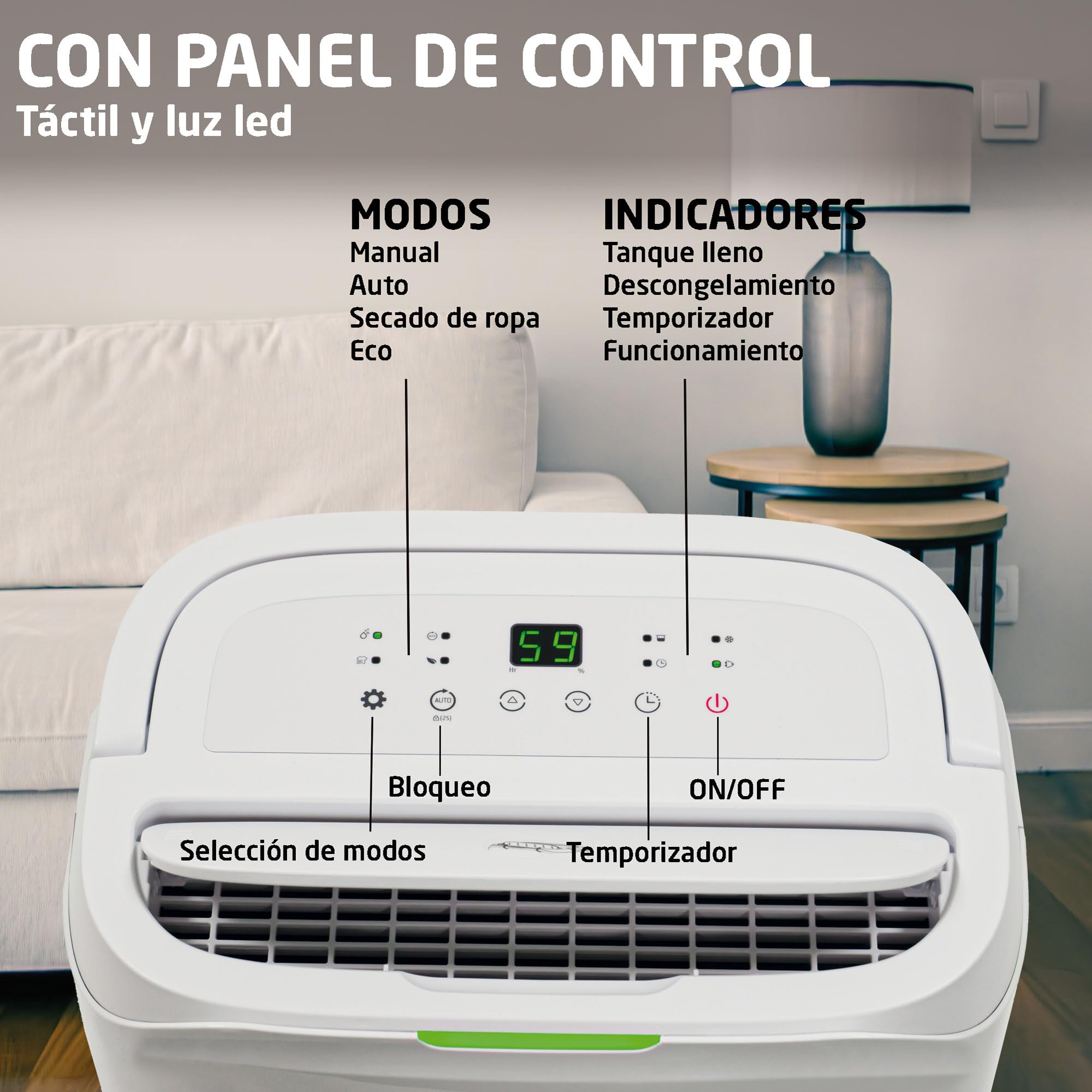 Amig - Deshumidificador MIST - Capacidad 20L/día - Depósito extraíble 6,5L - Control de Humedad y Temporizador - 36 x 28 x 56 cm - 260W - Cobertura 165m3/h - Silencioso 45 dB - Secado de Ropa
