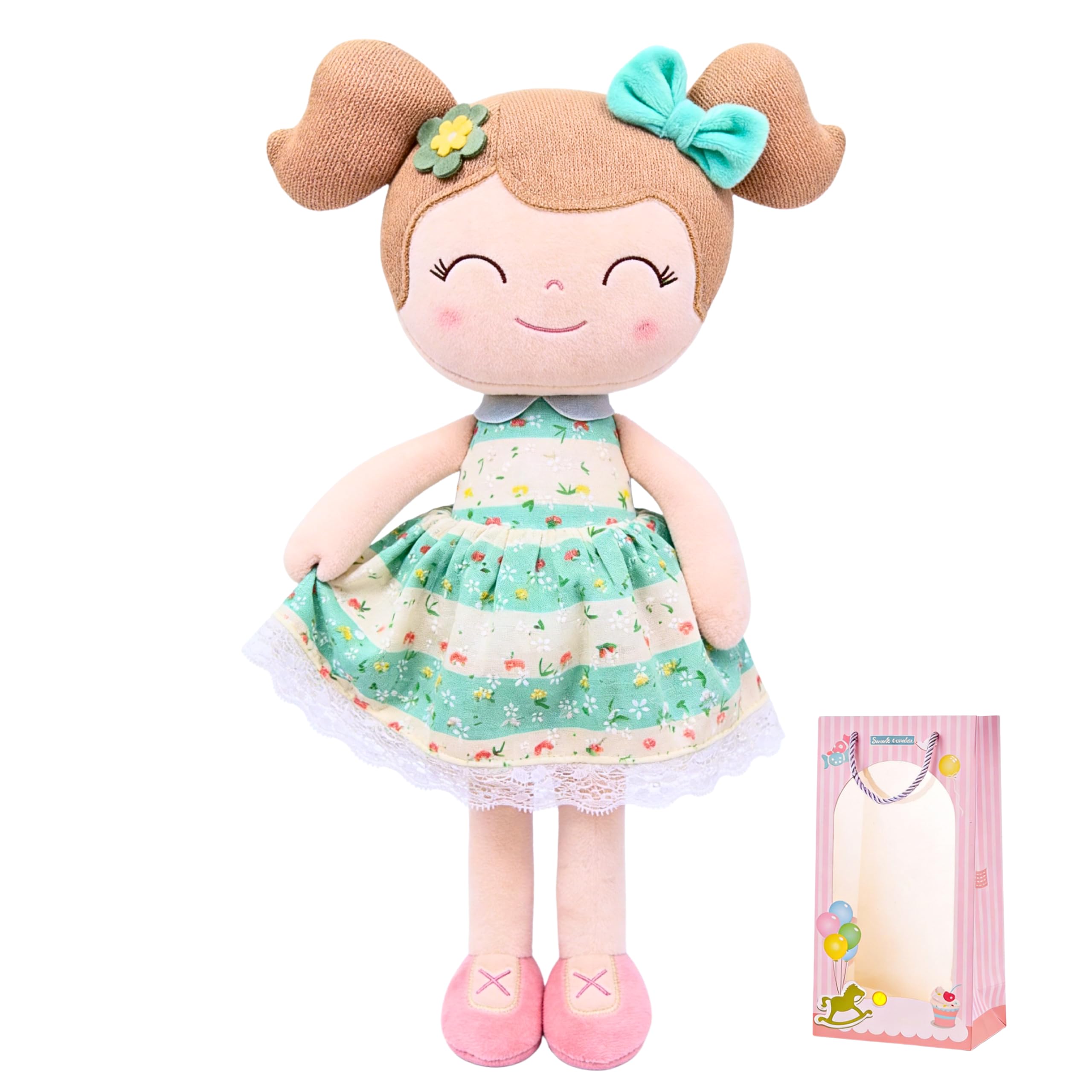 Gloveleya Baby Girl Gifts – Soft First Plush Doll with Gift Box, Spring Green Dress, Snuggly Birthday Present, for Toddler Girls