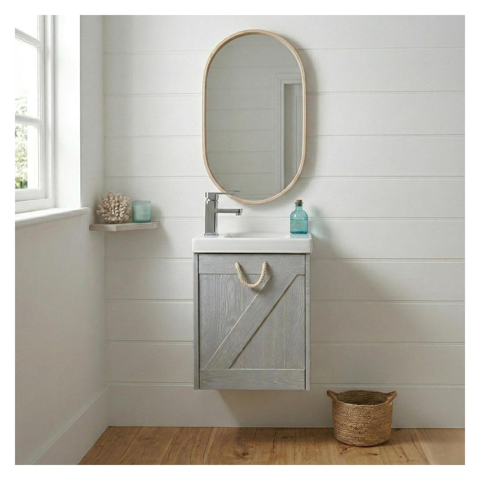 MOB-IN Meuble Lave-Mains Gris Bord de mer + Miroir Mistral