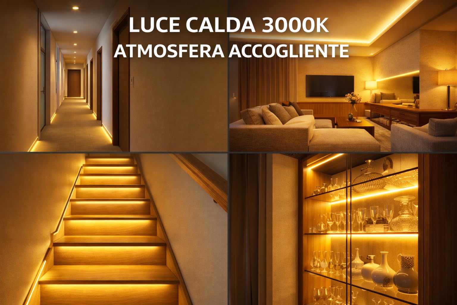 Generico Striscia LED 100 Metri 220V Luce Calda 3000K – Con Spina e 10 Prese Incluse – 8W/M – 8mm – Tagliabile Ogni 10 cm – Illuminazione Casa e Ambienti Commerciali