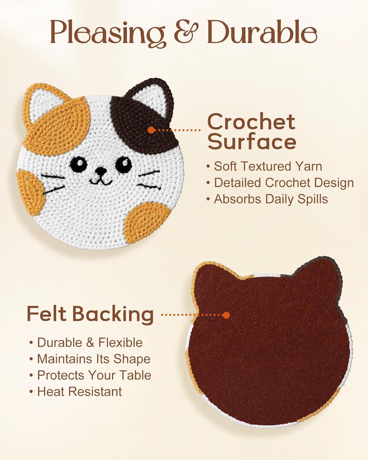 Slohif Cute Woven Drink Coasters Funny Gifts for Home Desk Coffee Table-Creative Cat Face Crochet Decor Gift Office Cup Coaster Accessories for Women Family (3pcs)