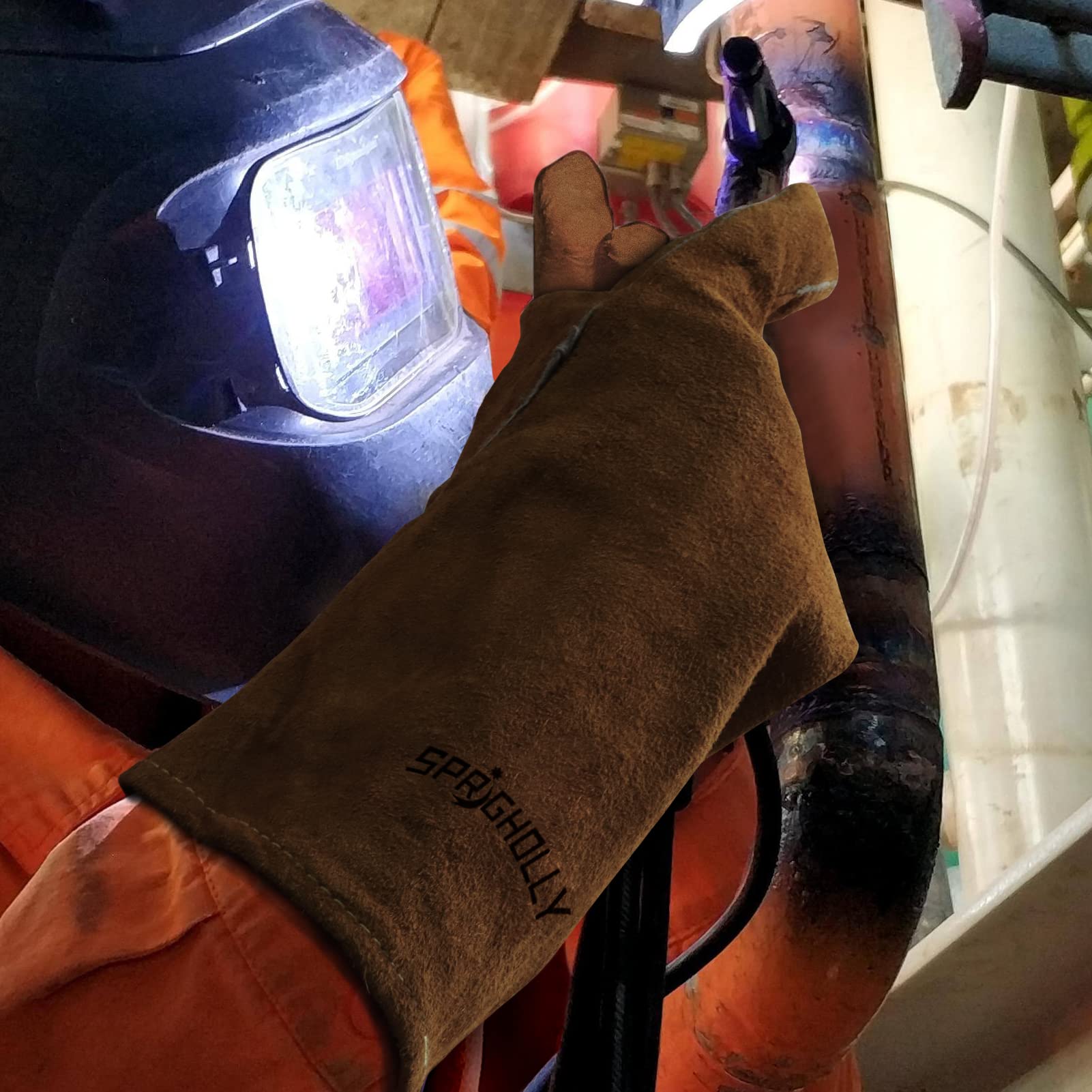 Guantes de soldadura 14 pulgadas 932℉ Guantes de cuero para soldadura forja/mig Resistentes al calor/fuego, horno/parrilla/chimenea/horno/cacerola/caldera/BBQ/manipulación de animales.
