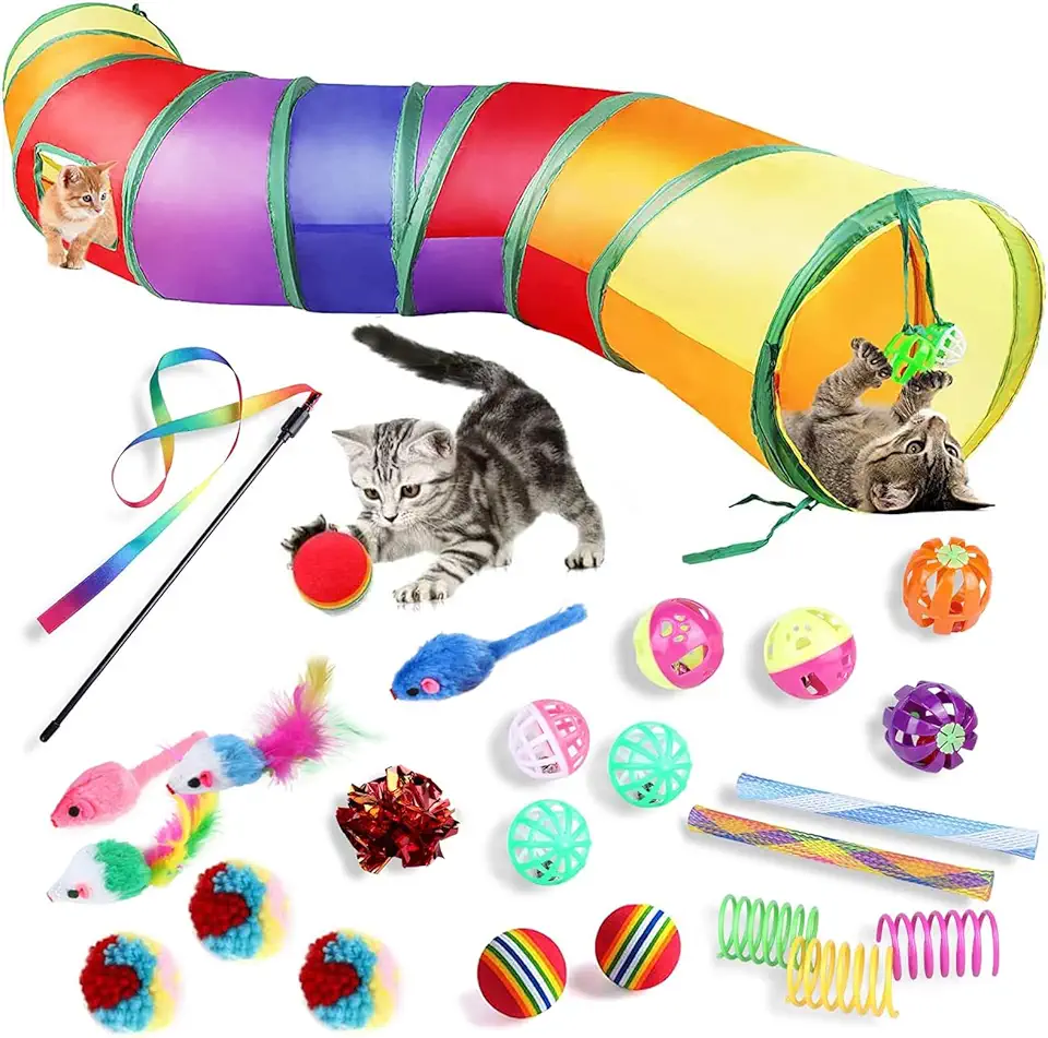 Kit 24 em 1 para Gatos Brinquedo Interativo com incluindo Túnel Labirinto Colorido, varinha mágica para gatos,ratinho de pelúcia, Jogo Divertido para Estimulação de Pets