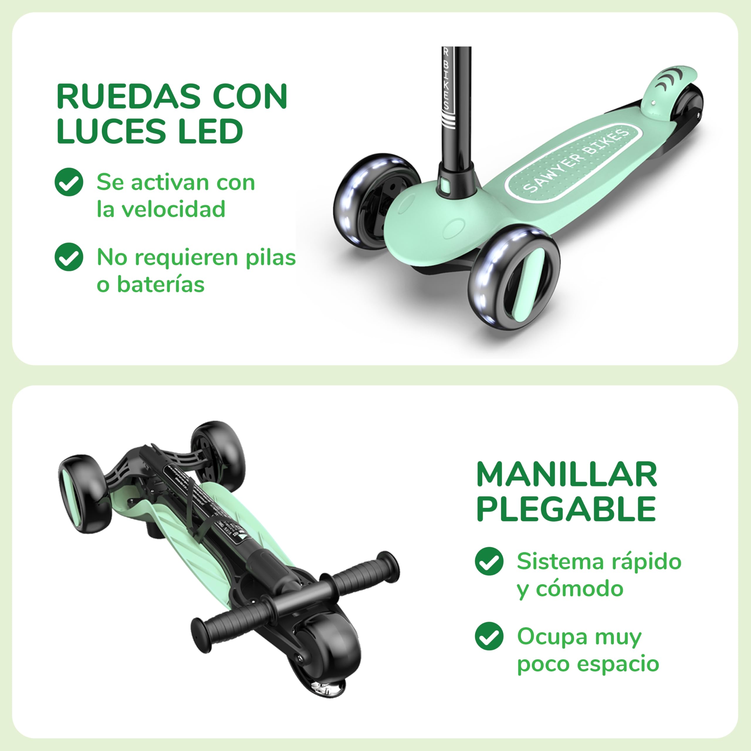 Sawyer Bikes - Patinete Ajustable Ruedas LED - Niños 2 a 8 Años