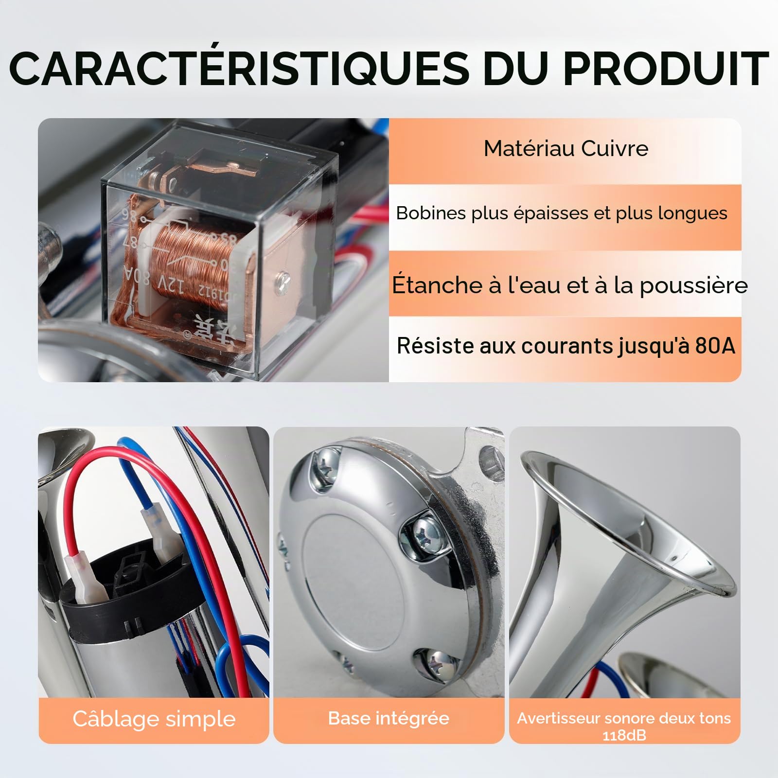 FARBIN Klaxon à air 12V avec compresseur pour voiture, camion, 118 dB, double trompette, avertisseur sonore pour train, bus, fourgonnette, voiture, bateau