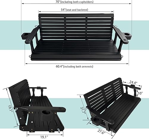 Miniatura 6 de Columpio de madera para porche de 3 plazas, respaldo alto y asiento profundo, columpio de banco con portavasos, cadenas colgantes y resortes de