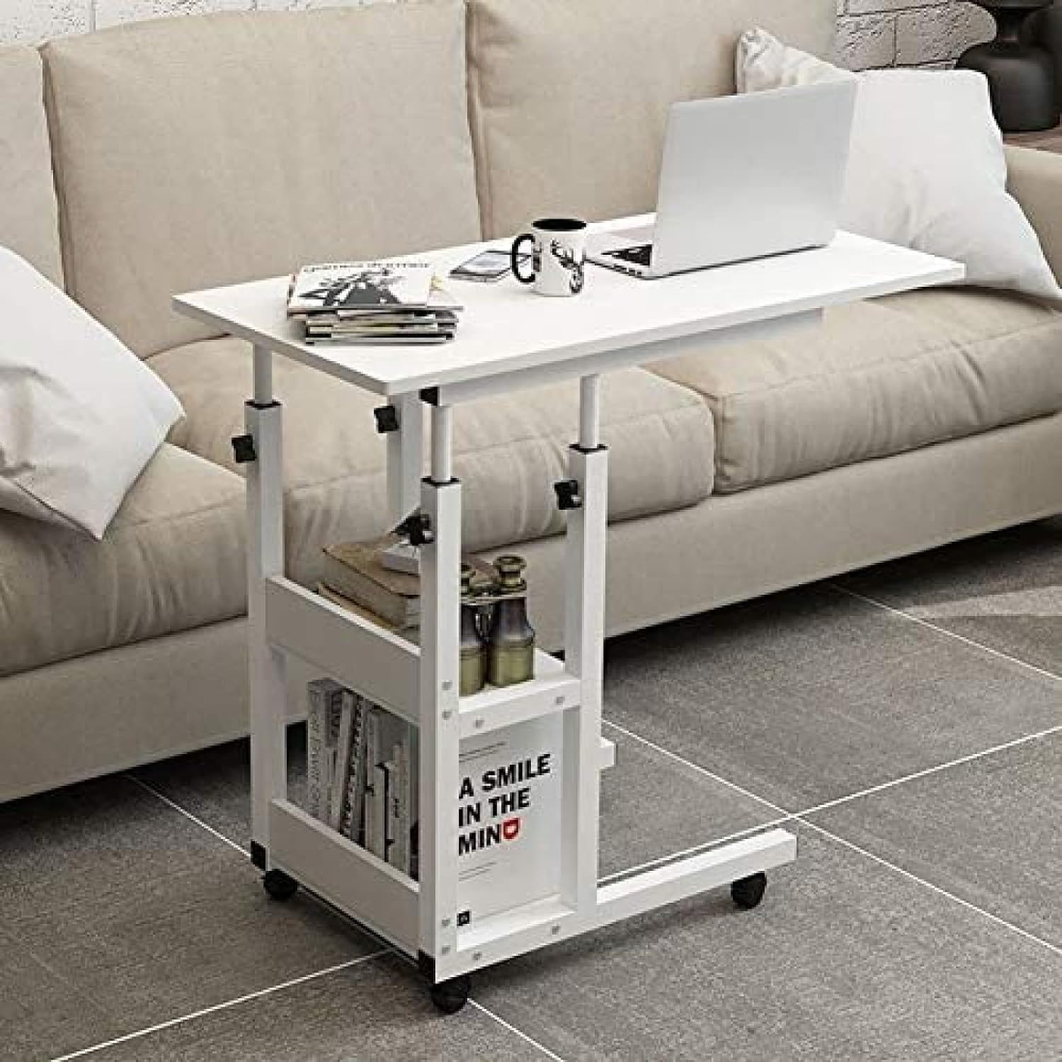 SAFENHAND Bedside Table Side Table with Wheels Movable Sofa End Table Height Adjustable Bedside Table Laptop Rolling Cart C Shaped TV Tray with Storage Shelves (WHITE)