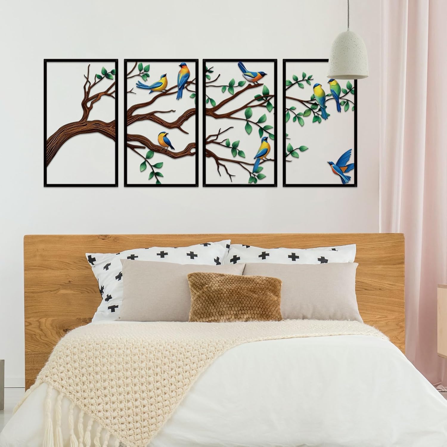 ruelen 4 Pieces Large Metal Birds and Branch Wall Art, Tree of Life Metal Wall Art, Colorful Leaves with Birds Silhouette Hanging Wall Sculpture for Living Room Home Bedroom Indoor Outdoor (Middle)