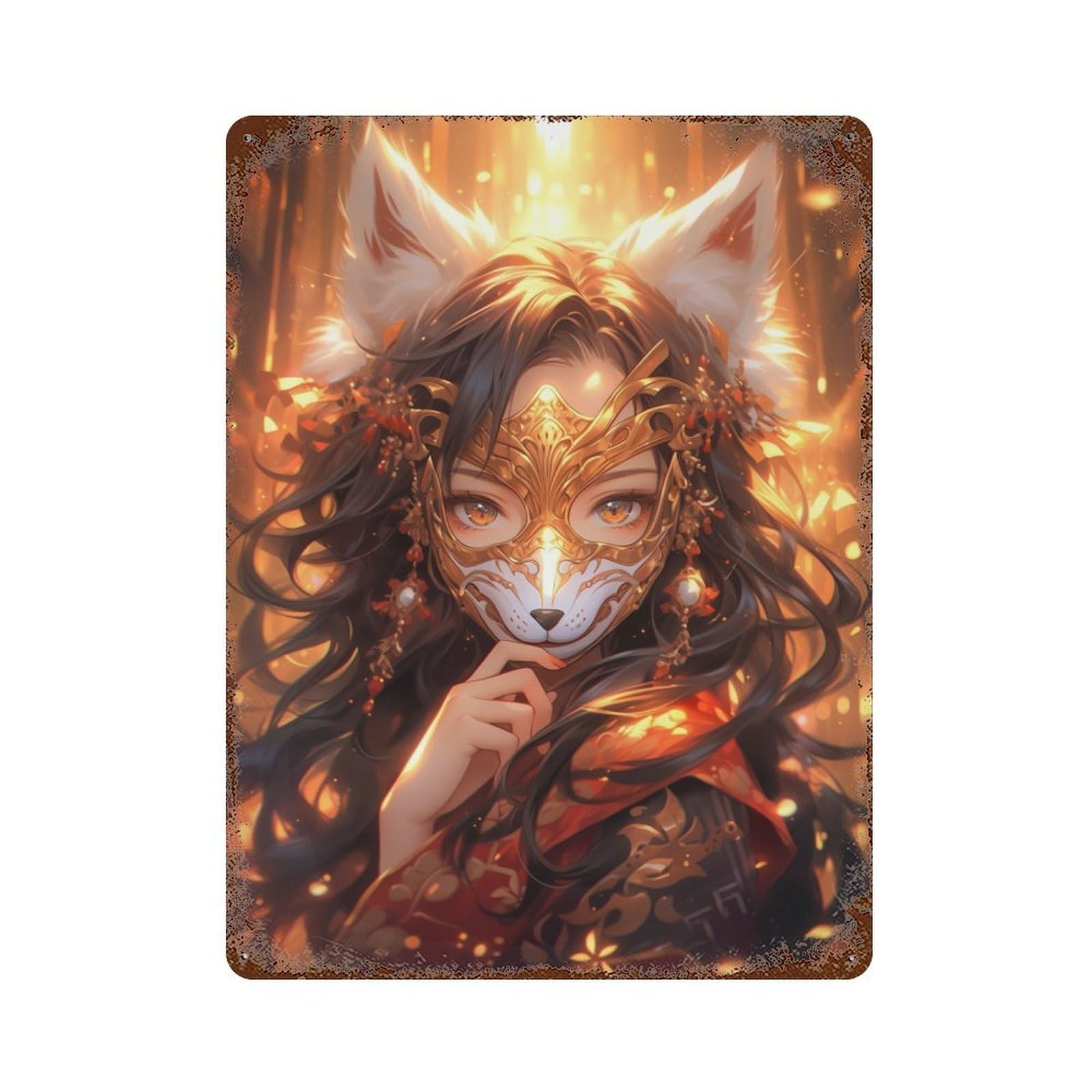 Fairy Fox Girl Anime Rust Effect Tin Sign 15.7"x11.8", for Bistro, Counter And Cafe Decor, Shabby Chic Decor