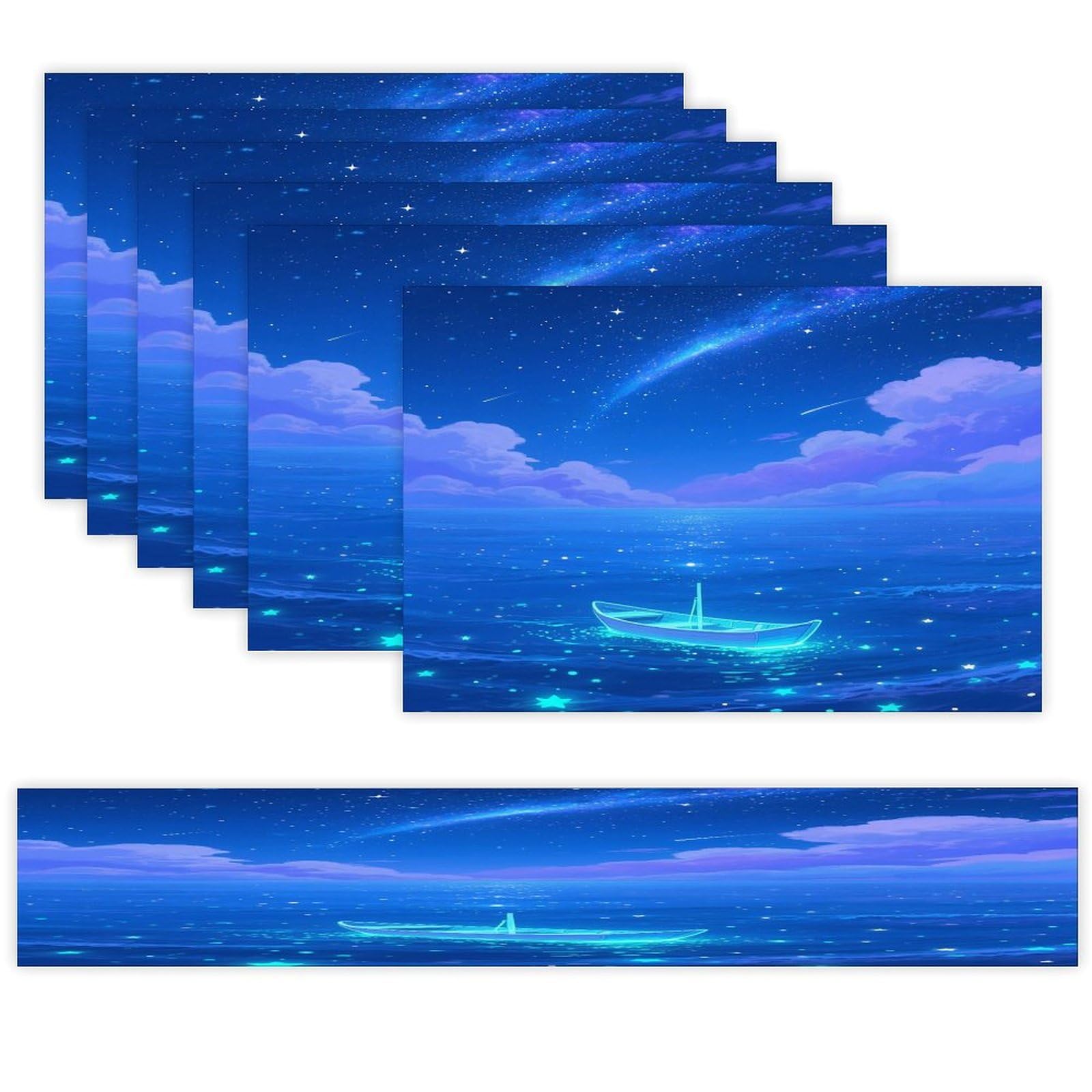 Fluorescent Sea Table Runner and Placemats Set of 7 Linen Table Mat Non-Slip Place Mats Washable Placemat Heat Resistant Place Mat with Table Runner for Party Dining Decor