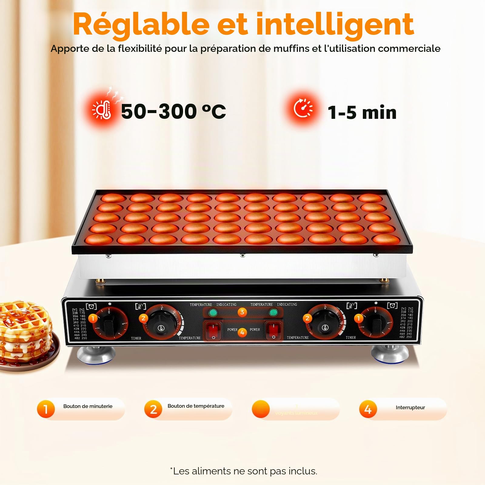 Machine à pancakes à 50 trous avec fouet, 4 éponges de nettoyage et 2 brosses, machine à crêpes à muffins pour cuisine et restaurant, 50-300 °C