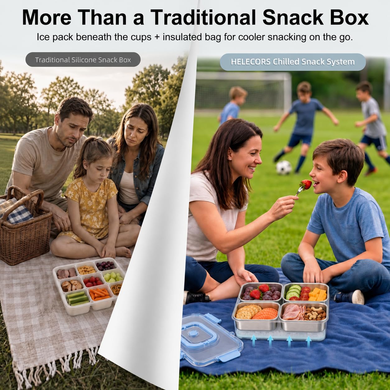 Snackbox mit Fächern Edelstahl & Kühlakku, 8 Herausnehmbare 304-Edelstahlbecher mit Deckeln, Isoliertasche, Spülmaschinenfest, für Kinder, Sport, Roadtrips, Strand & Picknick