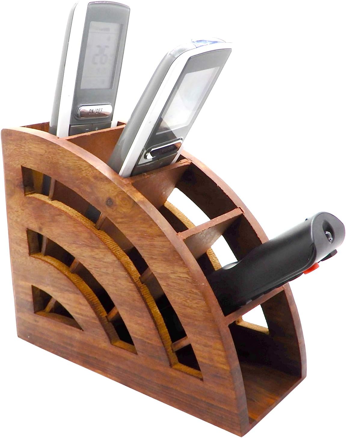 Khandekar Wooden Handmade Remote Control Holder/Stand/Organizer, 5 Slot TV Remote Control Caddy Storage Organizer - Brown, 7.5 inch