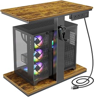 Computer Tower Stand with Charging Station & USB Ports | Adjustable Height PC Stand 2-Tier, Under Desk for ATX-Case with Wheels, CPU Holder for Office, Home, Gaming Room