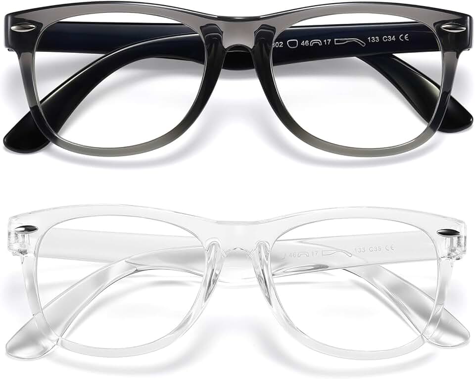 DYLB Kids Blue Light Blocking Glasses girls boys 2 pack, computer video gaming glasses for kids girls boys Age 3-10,Anti blue light &amp; Headache (transparent black + transparent)