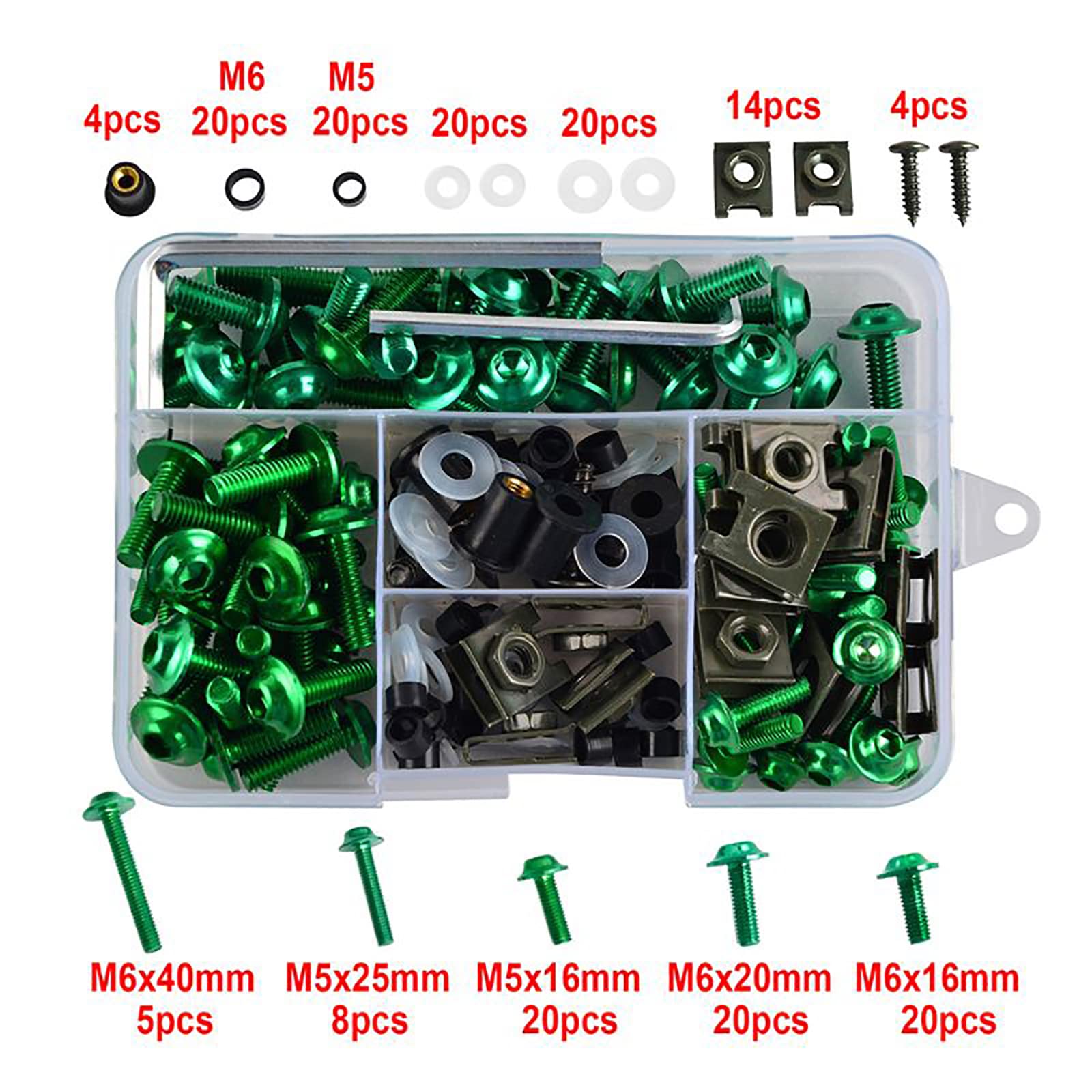 Motorrad Verkleidung Schrauben Kit Schrauben 177 Stück Karosserie Schrauben Mutter Ersatz CNC Legierung M6 M5 Motorräder Bolzen Clip Mutter für Motorrad Auto Zubehör (177 PCS-Grün)