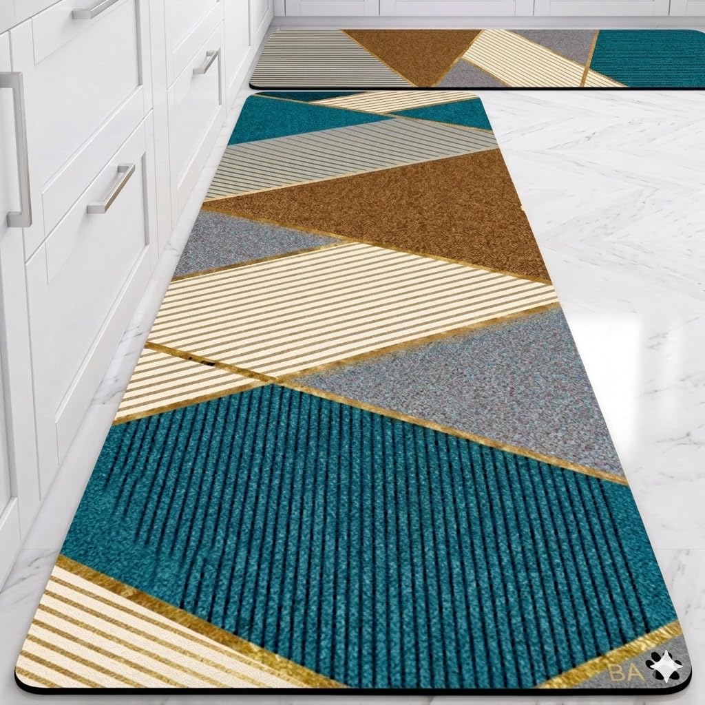 Kitchen Mats for Floor Anti Slip, 2 Pcs Kitchen Mats, Waterproof Memory Foam Kitchen Rugs, Waterproof Standing Runner for Bathroom, 120x40Cm, 40x60Cm (Green and Cream)-image-25