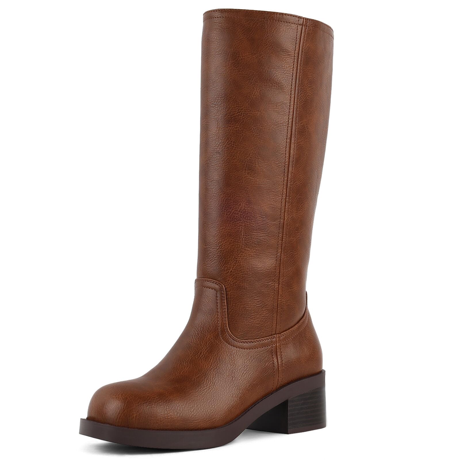 FancyQueen Womens Knee High Boots - Square Toe Platform Chunky Block Heel Banana Campus Boots Pull On Comfortable