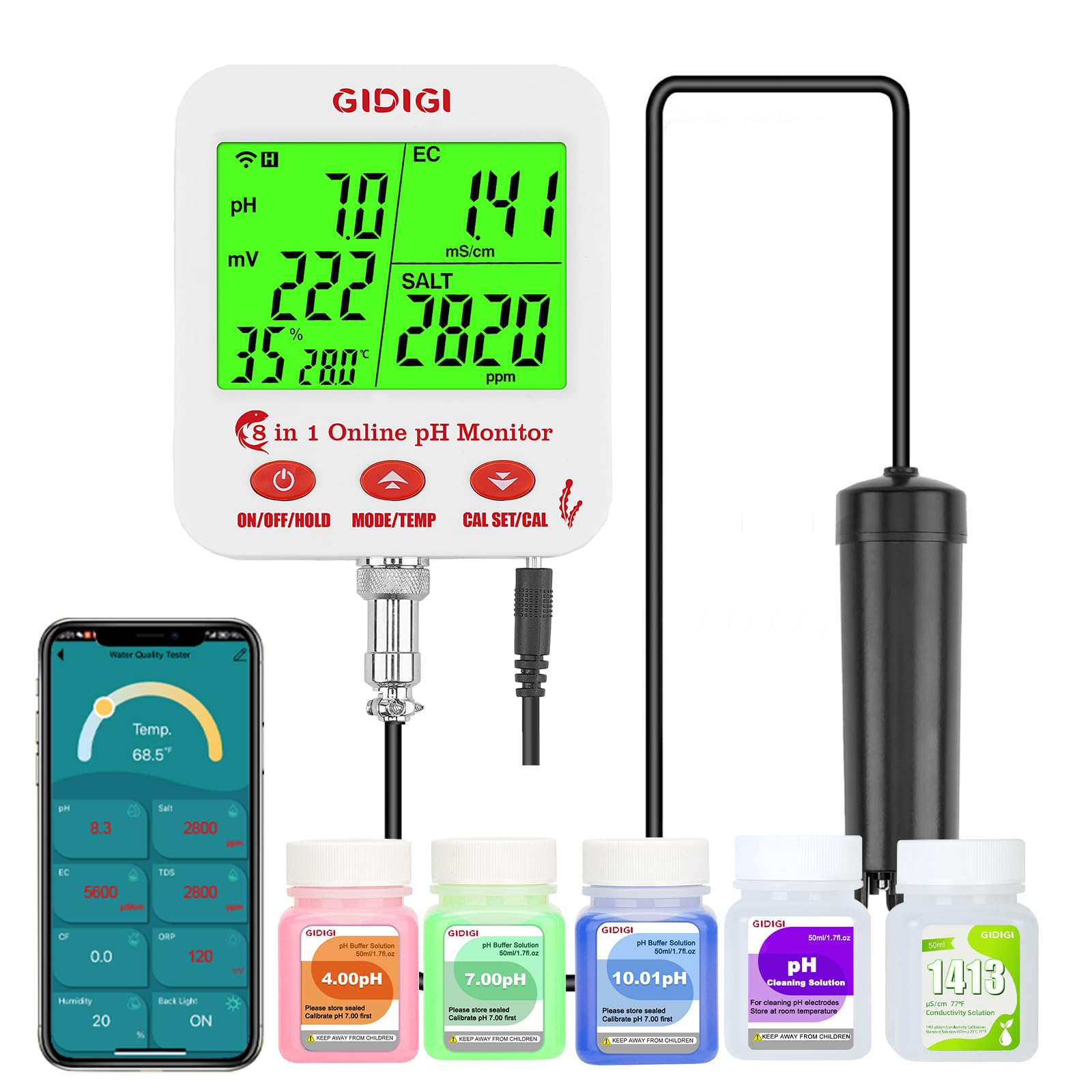 Monitor pH Acuario, Medidor pH y EC Continuo Hidroponia con Wifi | Puede Mostrar Múltiples Parámetros Simultáneamente, 8 en 1 pH EC PPM ORP Sal y Humedad para Acuario, Hidroponia