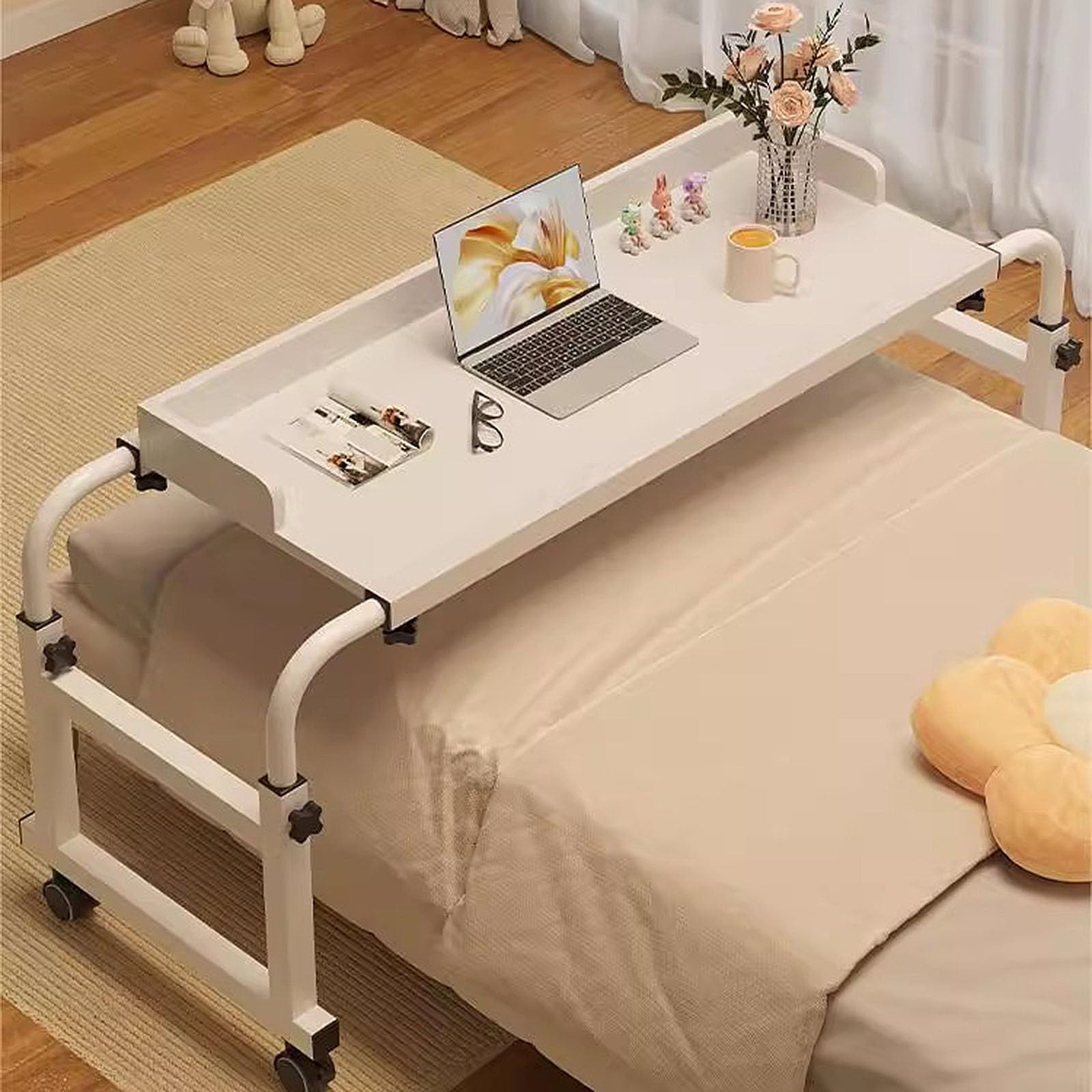 Table De Lit A Roulette，Hauteur Et Largeur RéGlables Au-Dessus du Lit Table D'Ordinateur Table MéDicale Roulante De Bureau De Plateau De Nourriture(Color:Blanc)