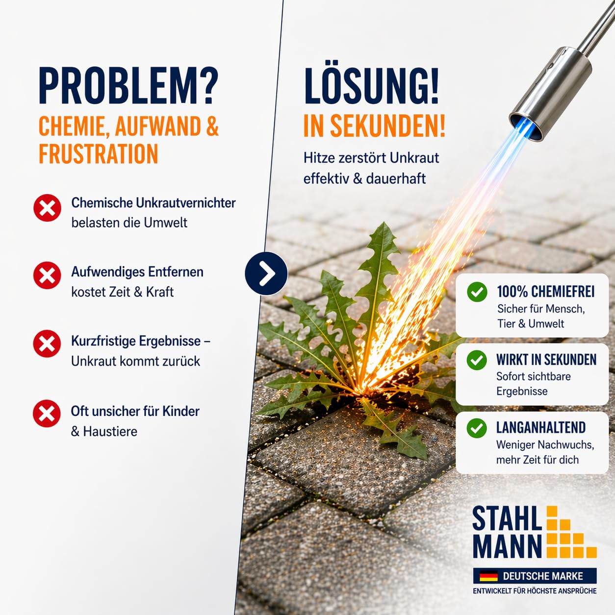 STAHLMANN®Unkrautvernichter inkl. Gaskartuschen - stabiler Unkrautbrenner mit Piezozündung stufenlos regulierbar – Unkrautentferner Gerät mit ergonomischen Griff (4 Kartuschen)