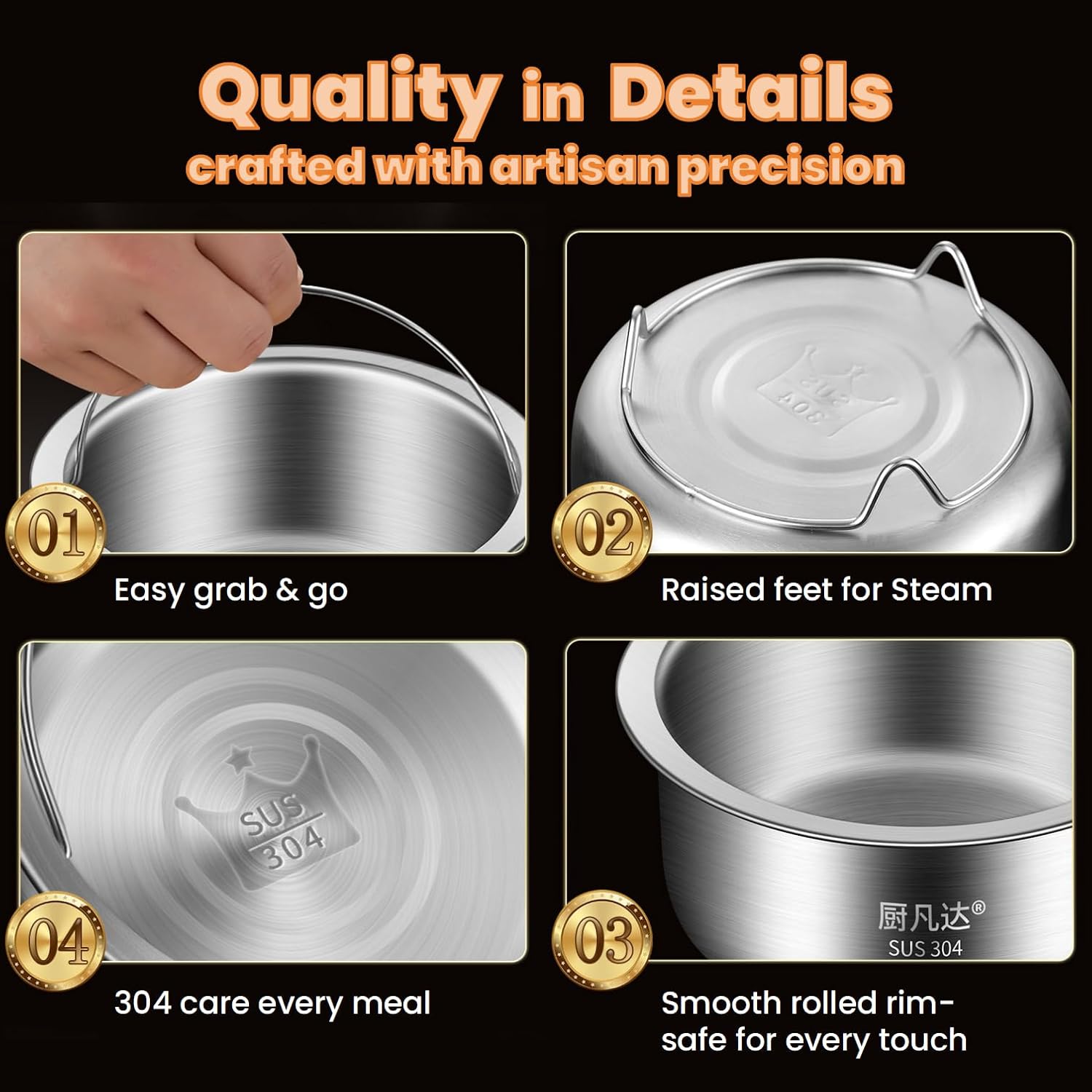 304 Stainless Steel Egg Steamer Bowl with Handle – Brushed Interior, Anti-Slip Feet, Thickened Design, Fast Heating, Steaming Bowl for Eggs, Soups, Custards, Rice, Desserts & More