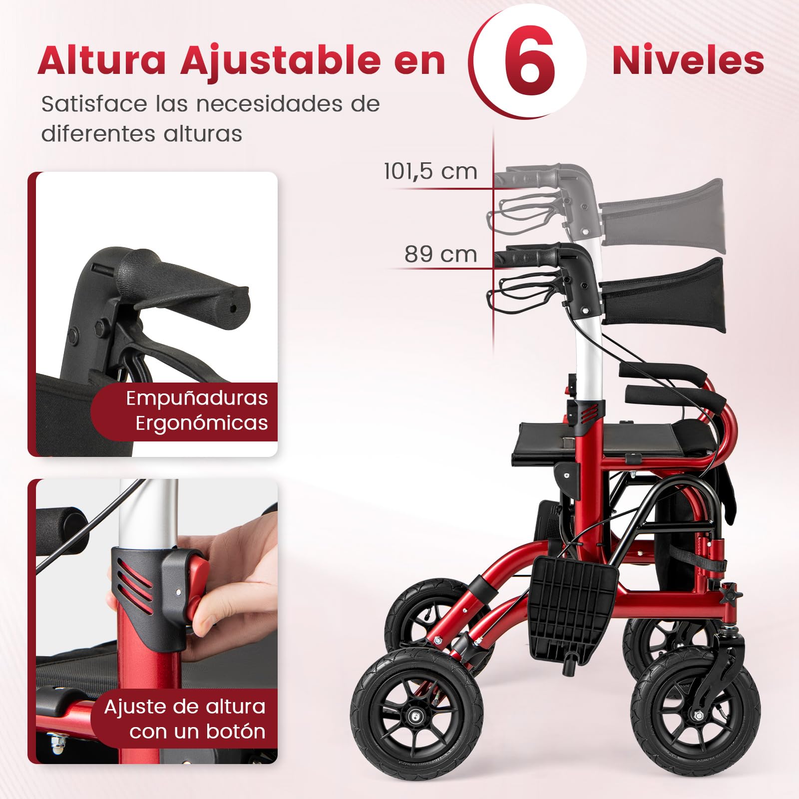 COSTWAY 2 en 1 Andador para Ancianos con Asiento, Taca Taca Adultos Plegable, Silla de Ruedas de Neumáticos, Altura Ajustable, Reposapiés abatibles, Estructura de Aluminio Ligera (rojo)