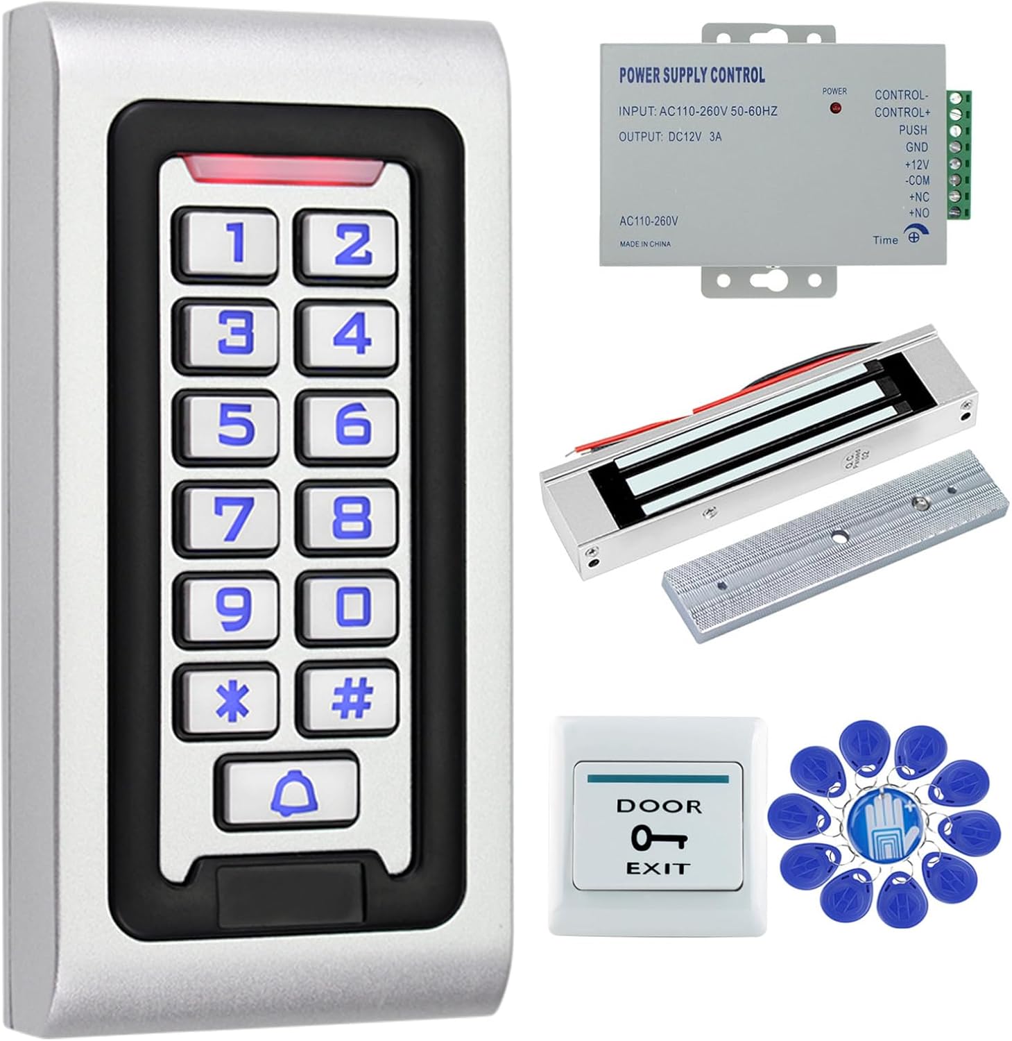 Outdoor IP68 Waterproof Access Control System Metal Plate Keypad +180KG/320lbs Electric Magnetic Lock + DC12V 3A Power Supply + 10pcs Keyfobs Tags Security System