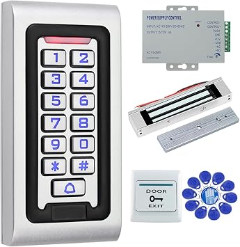 Outdoor IP68 Waterproof Access Control System Metal Plate Keypad +180KG/320lbs Electric Magnetic Lock + DC12V 3A Power Supply + 10pcs Keyfobs Tags Security System