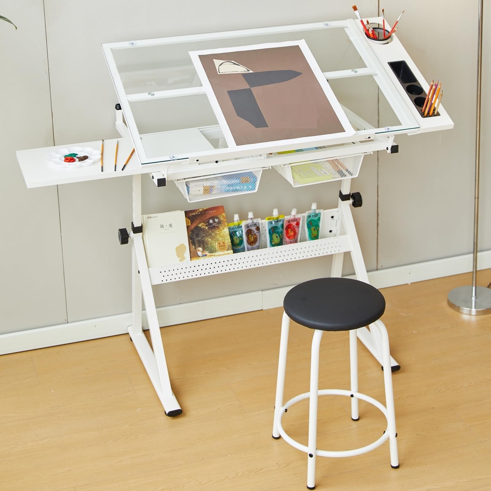 Zeichentisch mit Hocker, Architektentisch Schreibtisch Höhenverstellbar 72-92cm & Neigungsverstellbar 0-75 °, Schülerschreibtisch 2 Schubladen / 2 Arbeitsflächen, Bürotisch Arbeitstisch, Weiß