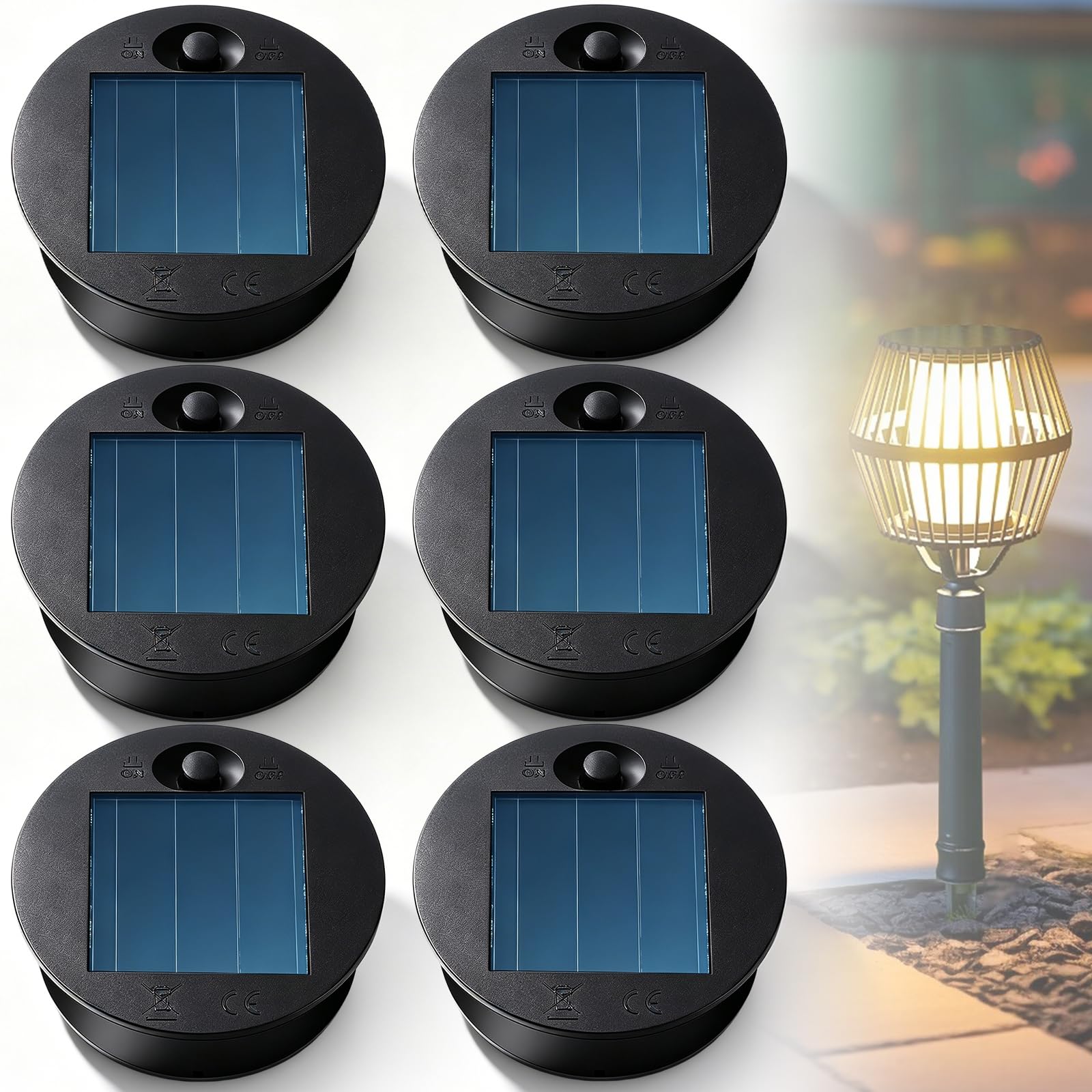 Pack of 6 Solar Lights Replacement Parts: φ7 cm Solar Lights Replacement Top with Bright LED, Waterproof Solar Panel Hanging Lantern Replacement Top, Solar Panel Replacement Part for Solar Lantern
