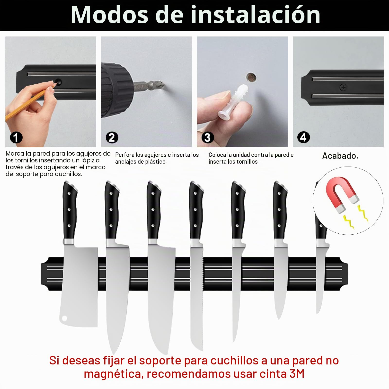 3 Piezas Soporte Magnético Cuchillos, 33cm Barra Magnética para Cuchillos de Acero Inoxidable, Soporte Magnético para Cuchillos Cocina, Barra Magnética Universal con Imán Fuerte y 6 Tornillos