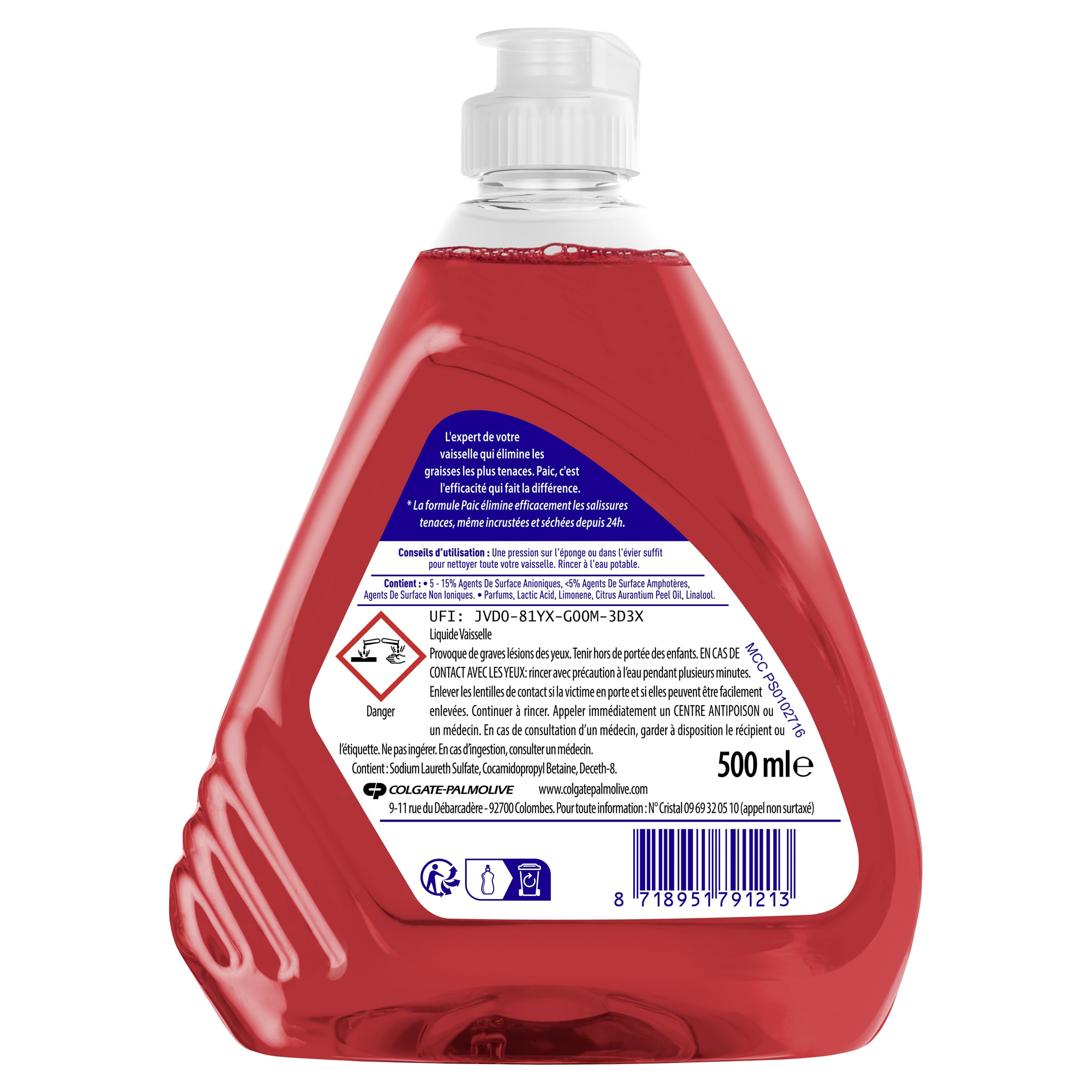 PAIC - Liquide Vaisselle Excel DEFI24H Pamplemousse - Formule Ultra-Dégraissante et Pouvoir Désincrustant - Efficacité même sur Graisses Séchées - Lot de 12 x 500ml