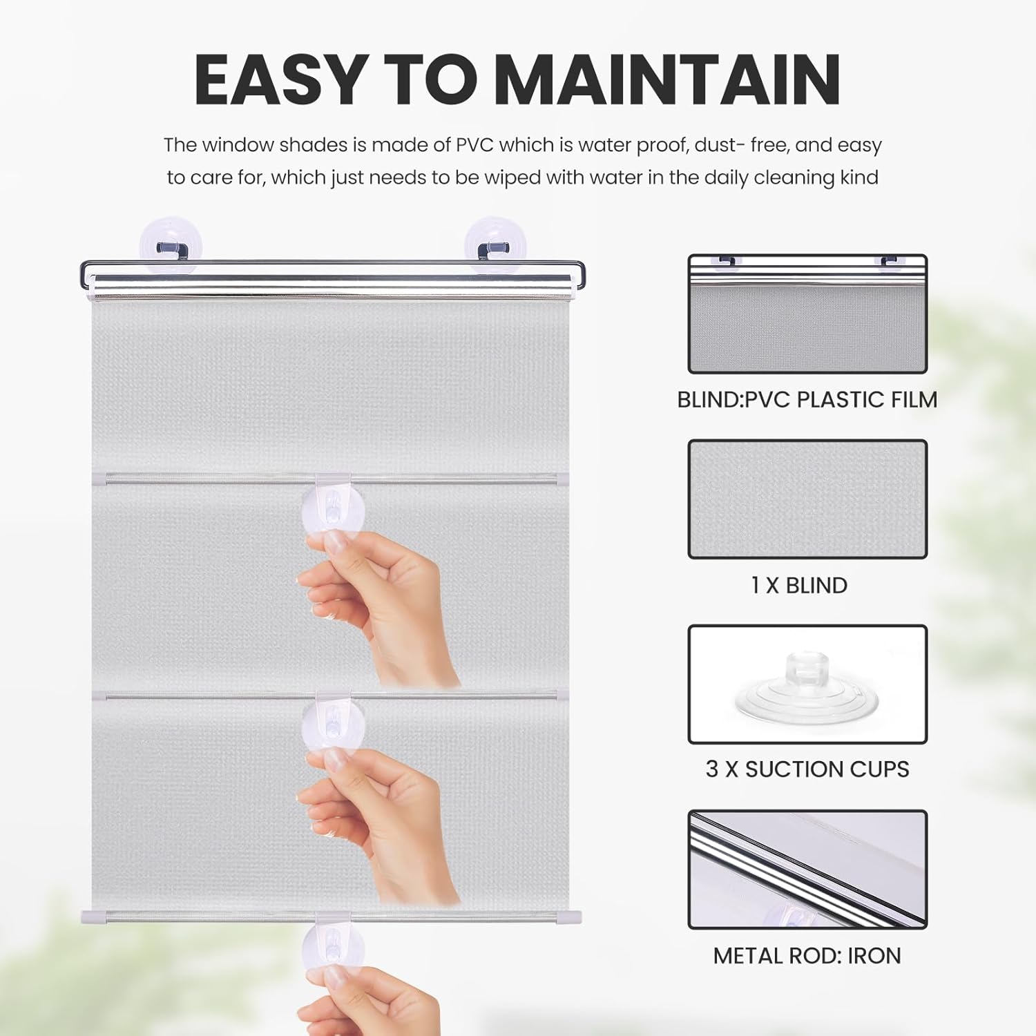 No Drilling Retractable Roller Window Shades W/3 Suction Cups, Black Blackout Blind Shade Temporary Cover Curtain for Home Bedroom Car (49.21" L×22.83" W, Silver Coating)