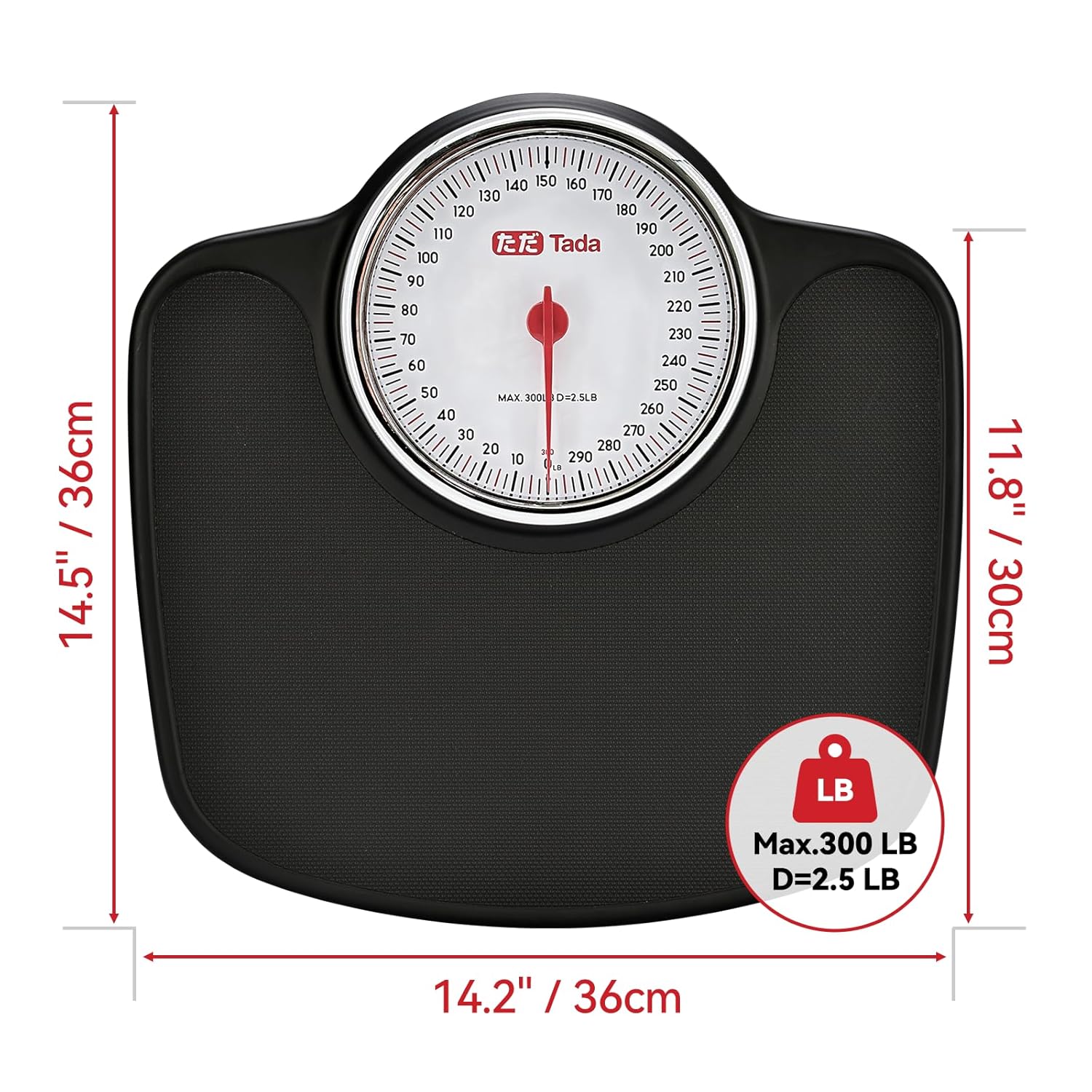 Tada Analog Scale for Body Weight, Up to 300 LB Large Non-Digital Mechanical Bathroom Scale with Easy-Read Dial and Anti-Slip Platform