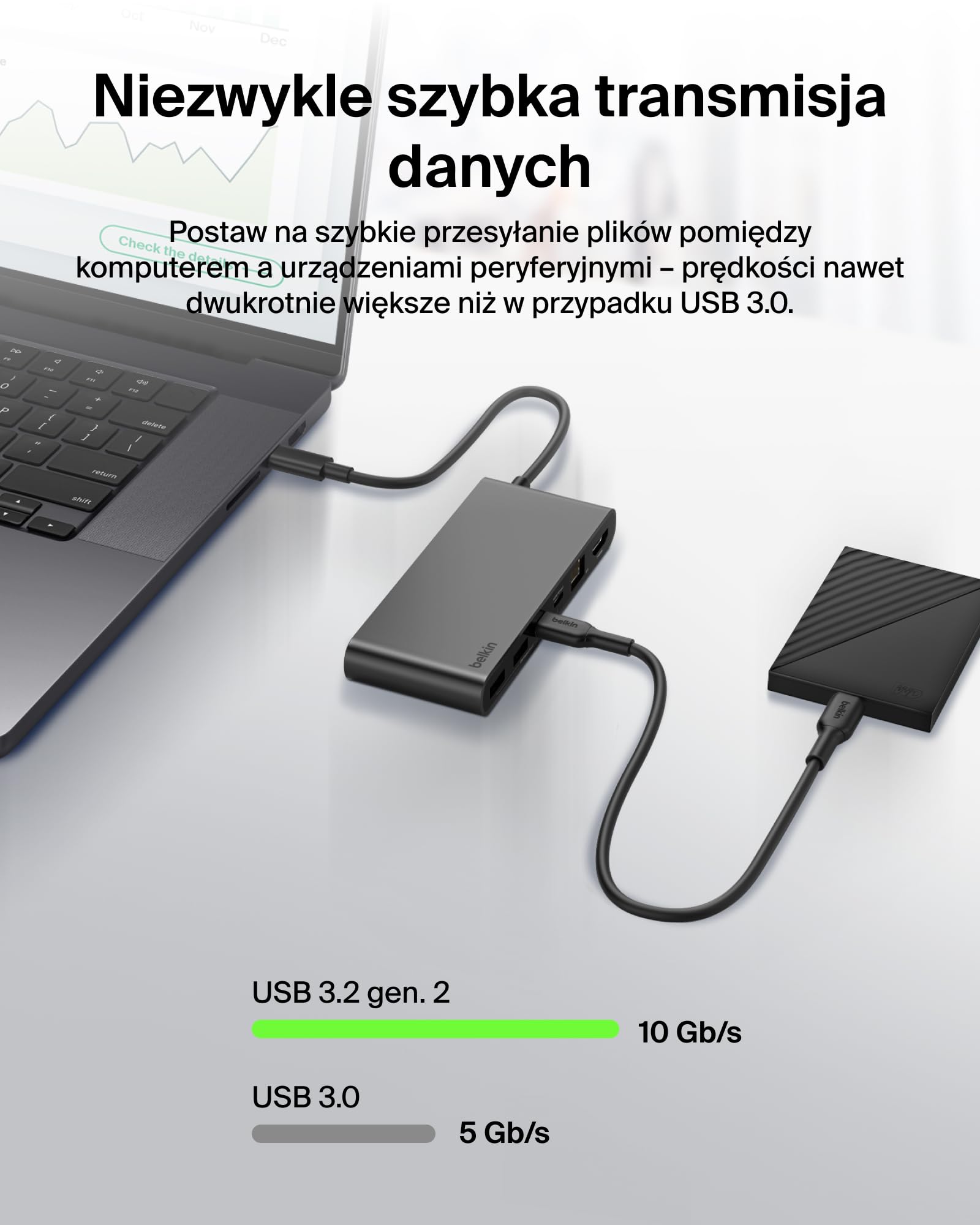 Belkin Connect 8-portowy USB C Hub, Obsługa Wyświetlaczy do 4K przy 60 Hz – Działa z Urządzeniami Mac, Windows i Chromebook – 100 W PD, Transmisja Danych 10 Gb/s, Ethernet 2,5 Gb/s – Szary