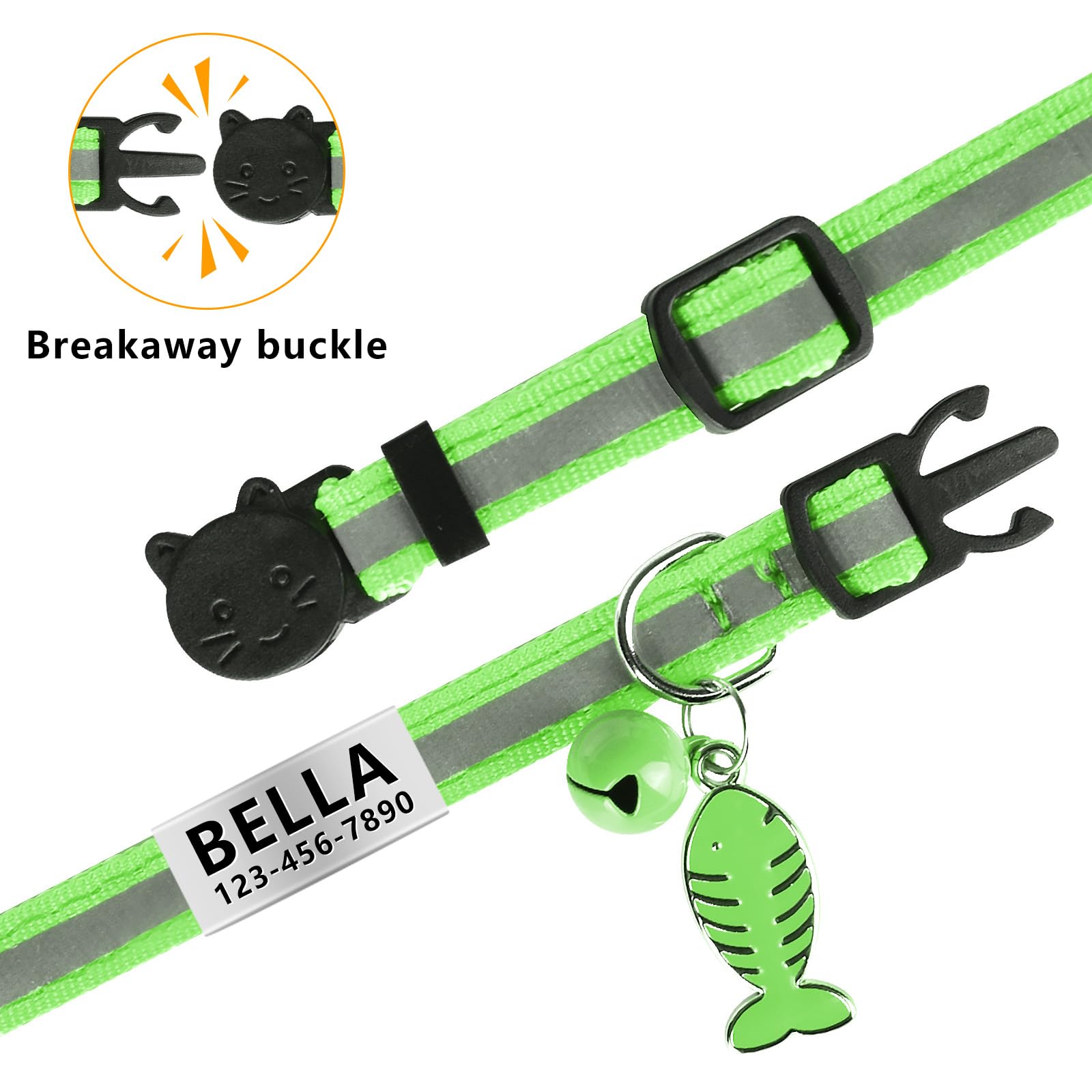 La Reine 2 Pack Cat Collar with Name Tag, Personalized Reflective Cat Collar Breakaway with Bell and Fish Bones and Heart Pendant (Green)