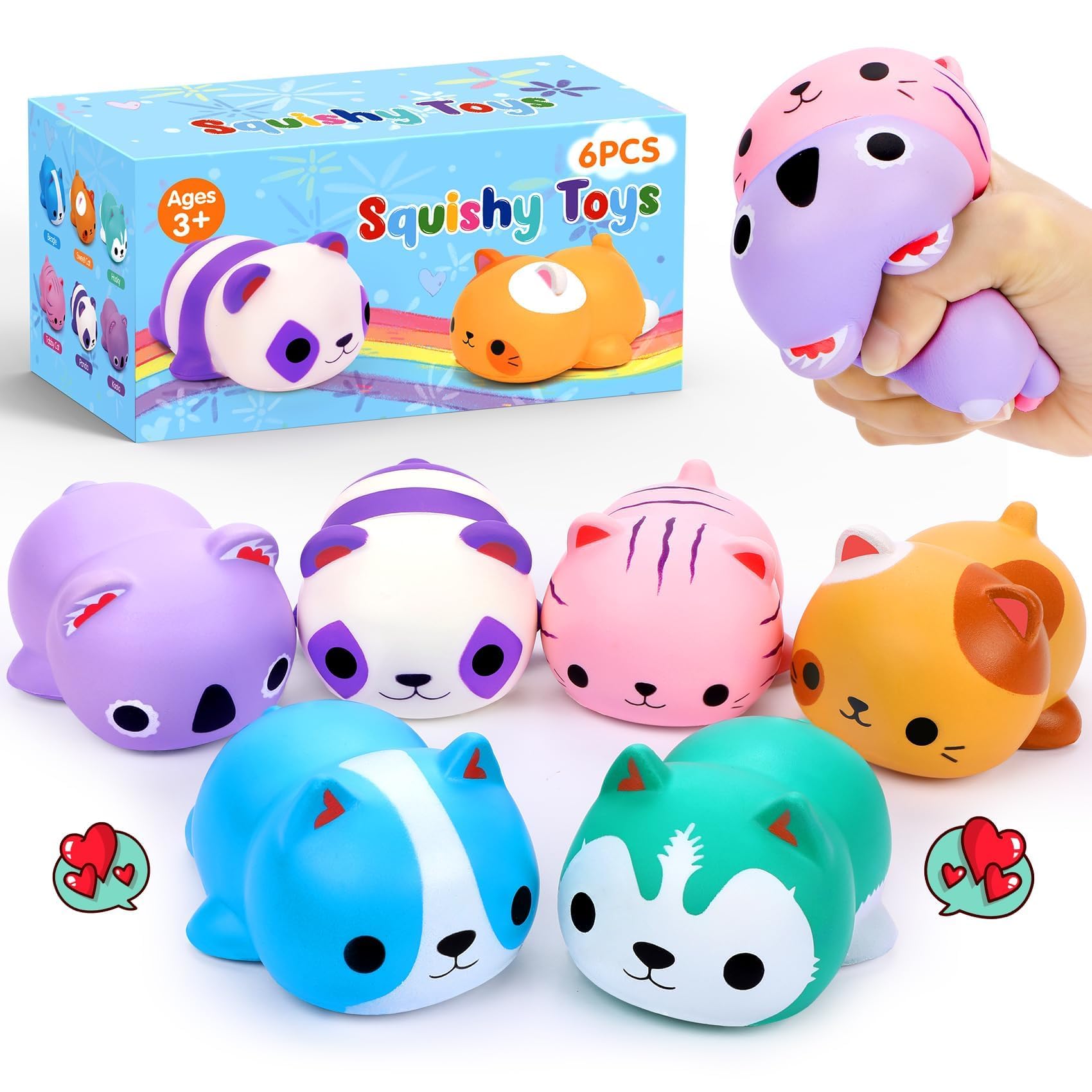 6PCS Cat Squishies Slow Rising Stress Balls for Kids Fidget Toys Adults Stocking Stuffers for Teen Girls Foam Squishy Toys Anxiety Relief Class Prizes Party Favors Valentines Easter