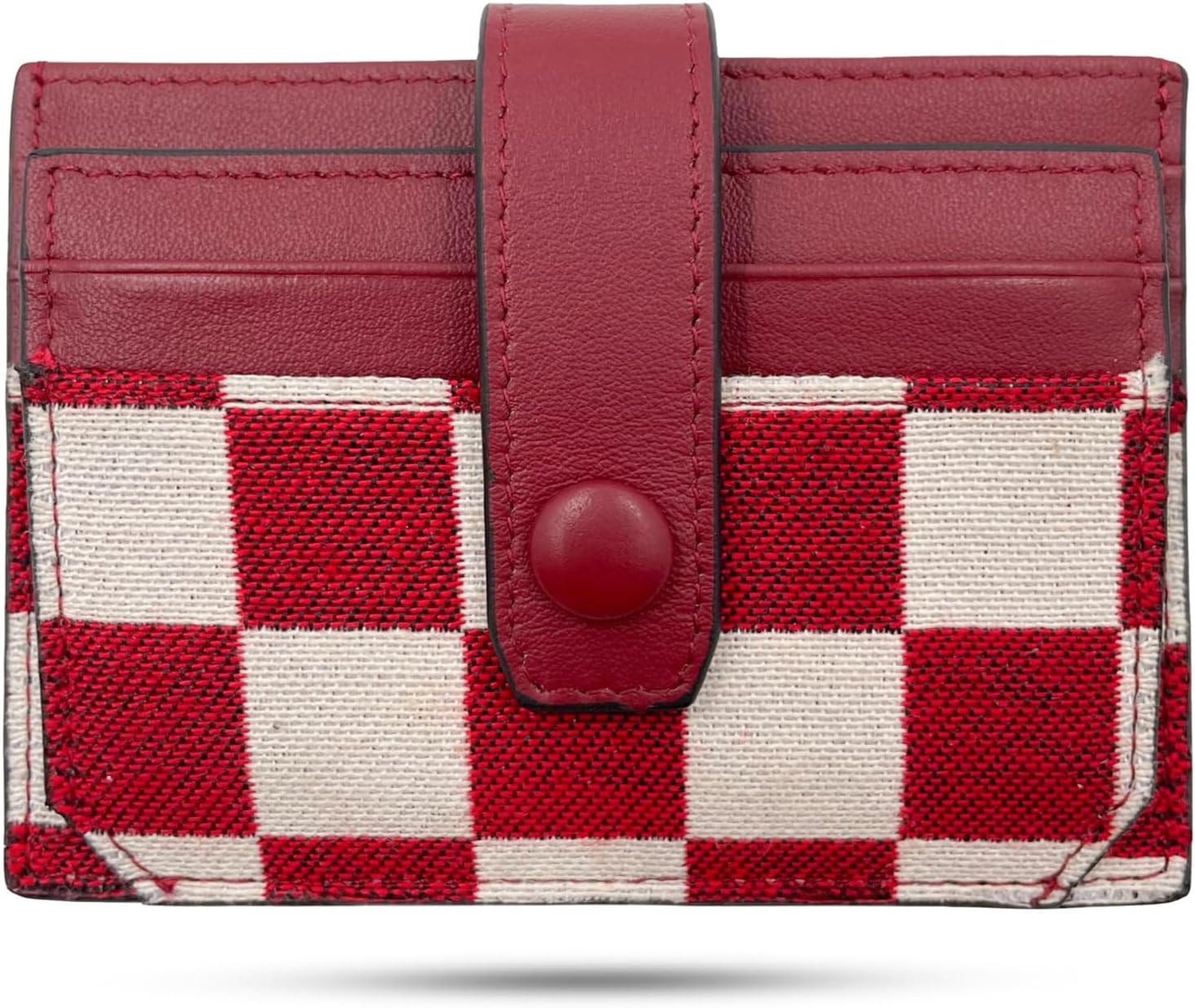 VLYRN Cute Slim Card Holder | Bifold Checkered Wallet, Genuine Leather & Canvas Fabric with ID Window | Small Credit Card Case for Women (8 slots total – 1 card/slot) (Burgundy)