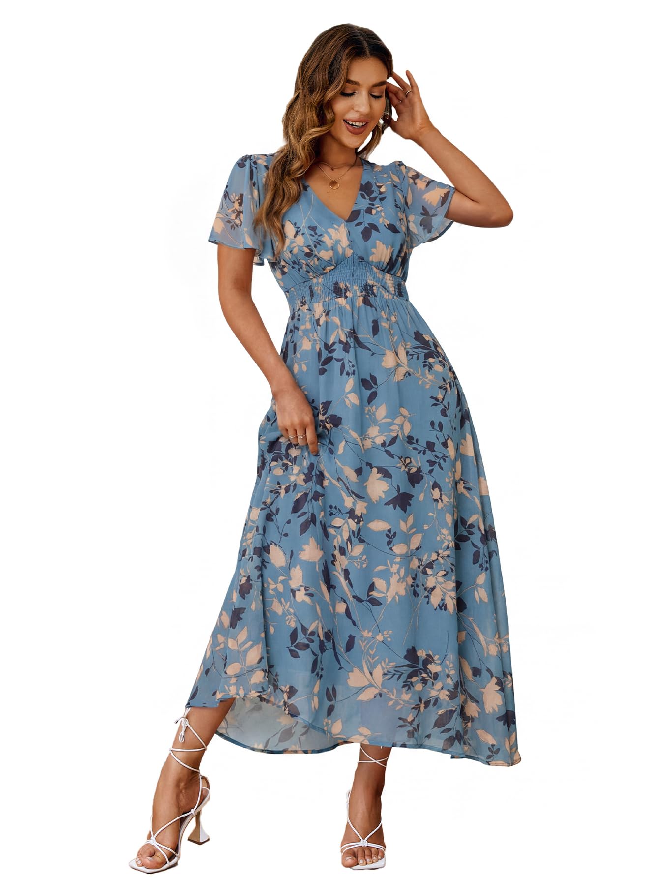 Simplee Women's Boho Floral Maxi Dress Flowy Casual V Neck Short Sleeve Wedding Guest Holiday Beach Long Dress