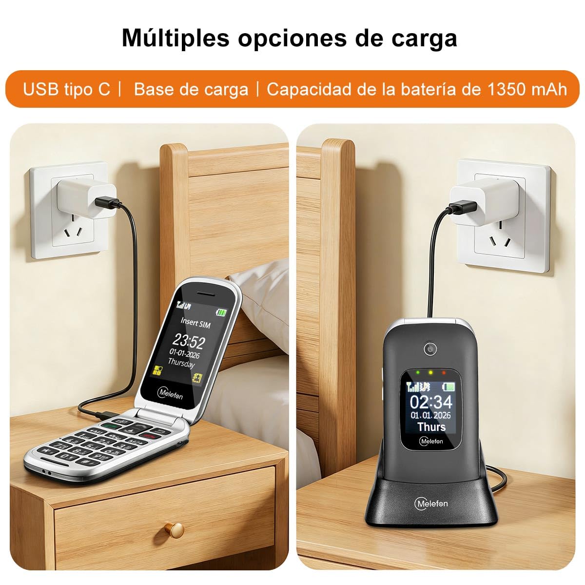 4G Teléfono Móvil de Tapa para Mayores, Botones y Teclas Grandes, Doble Pantalla de 2,4+1,44 Pulgadas, Botón SOS, Bateria 1350mAh, USB-C, Base de Carga, Volumen Alto, Fácil Uso para Ancianos