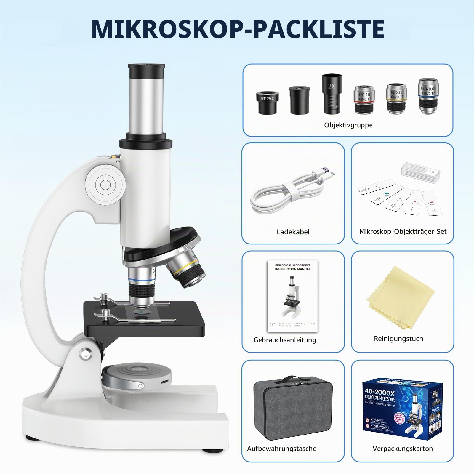 Mikroskop für Kinder Erwachsene Anfänger: 40-2000X Compound Biologie Mikroskop mit Slide Kit und Aufbewahrungskoffer - für Science Explore Education
