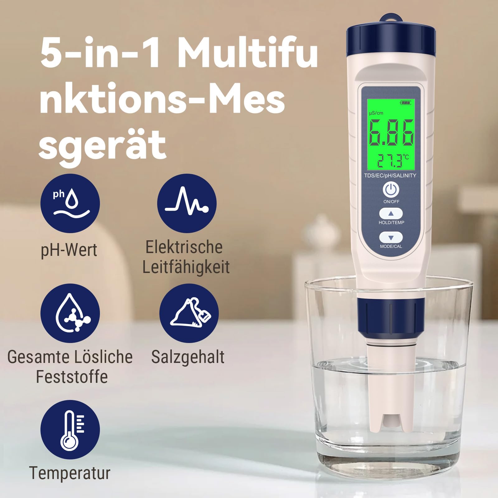 PH Messgerät Hochpräzision (± 0.01), 5 in 1 PH/TDS/EC/Salzgehalt/Thermometer, pH Wert Messgerät Pool mit Blau Hinterleuchtetem LCD-Display & Automatischer Temperaturkompensation