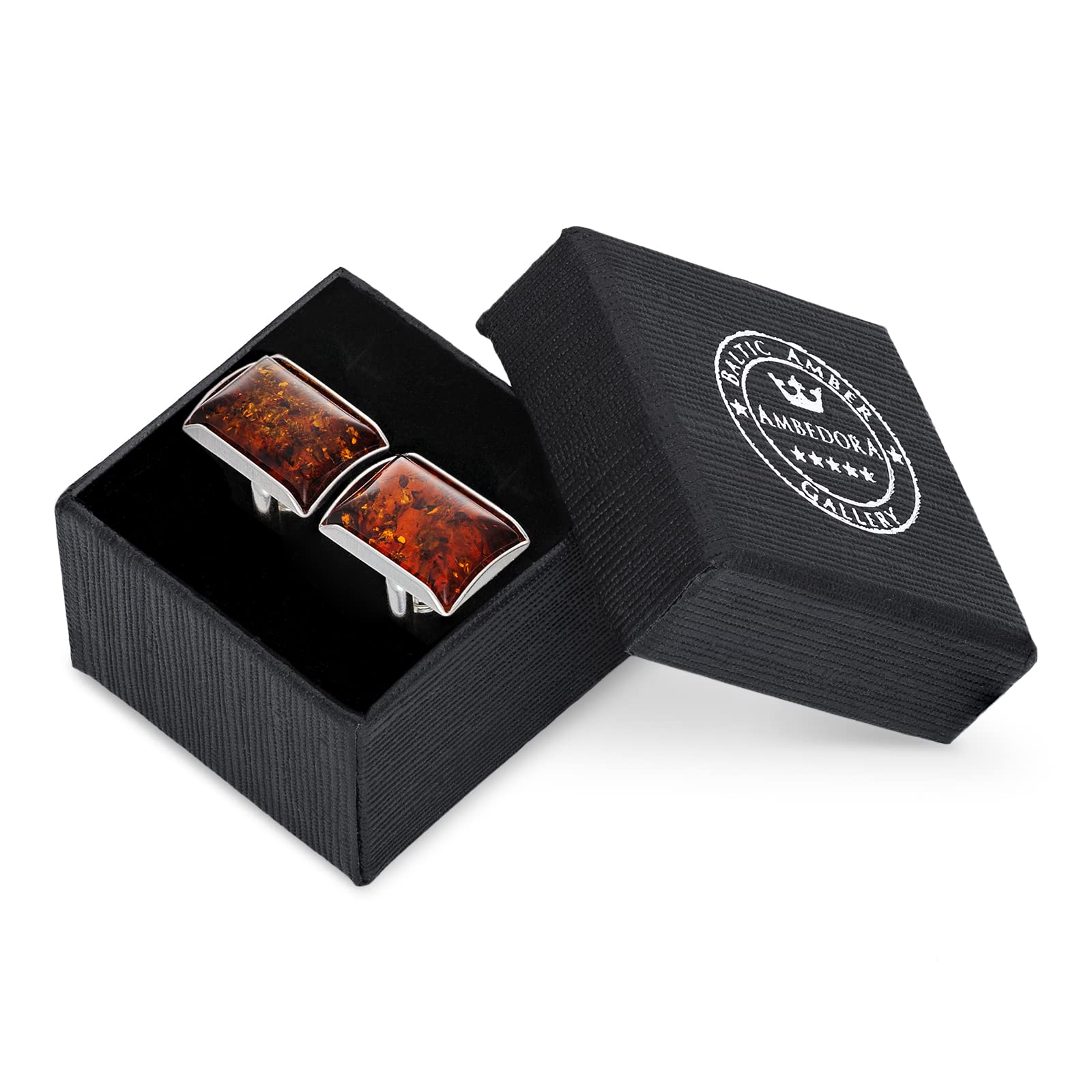 Gemelli da Uomo in Argento Maldive con Ambra, Argento Sterling Lucido, Ambra Baltica Rettangolare Moderna, Set Regalo