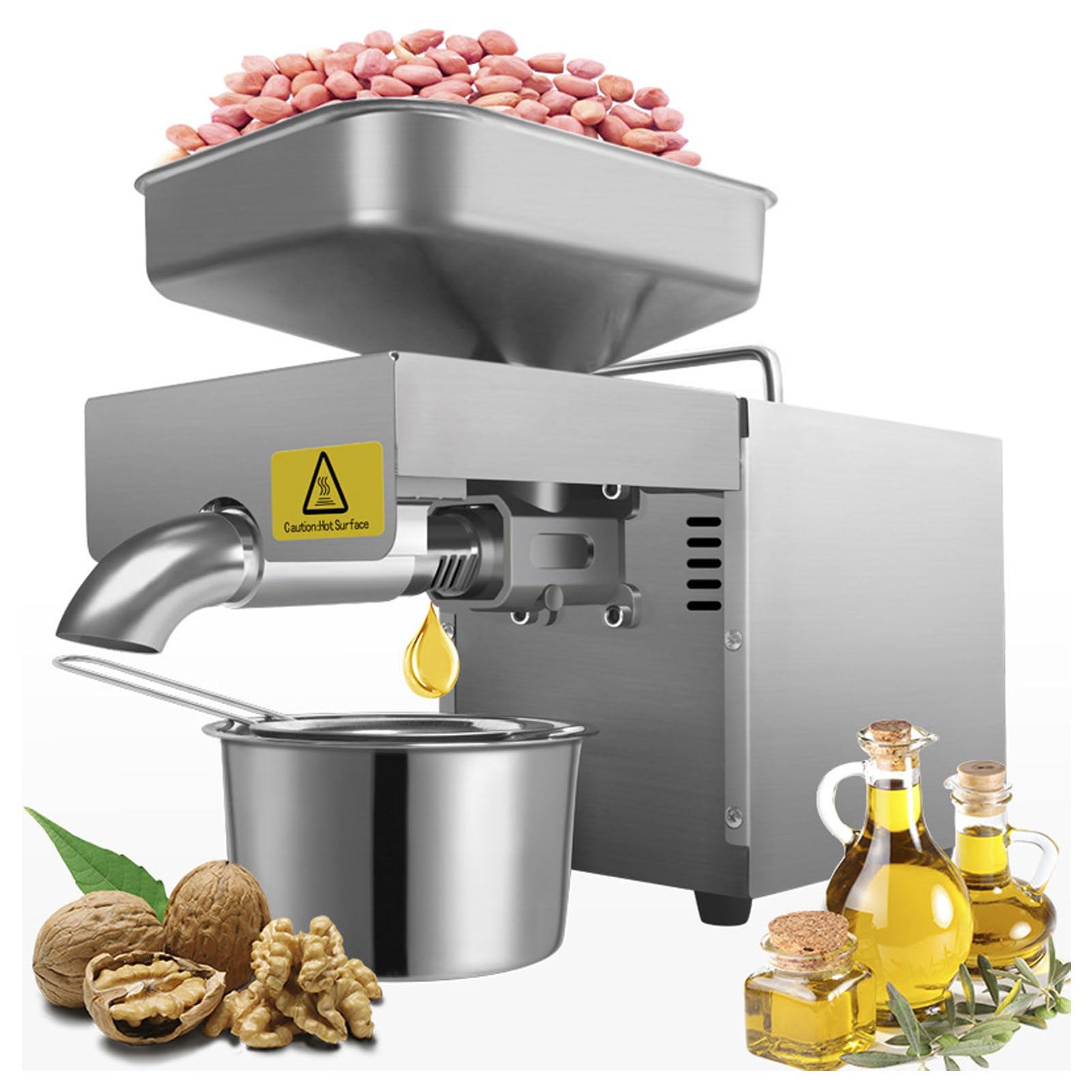 Commercial Household Oil Press Machine, Stainless Steel Automatic Oil Pressing Machine with Large Hopper, Hot/Cold Press for Flax Peanut Perilla Seed Canola Sesame,